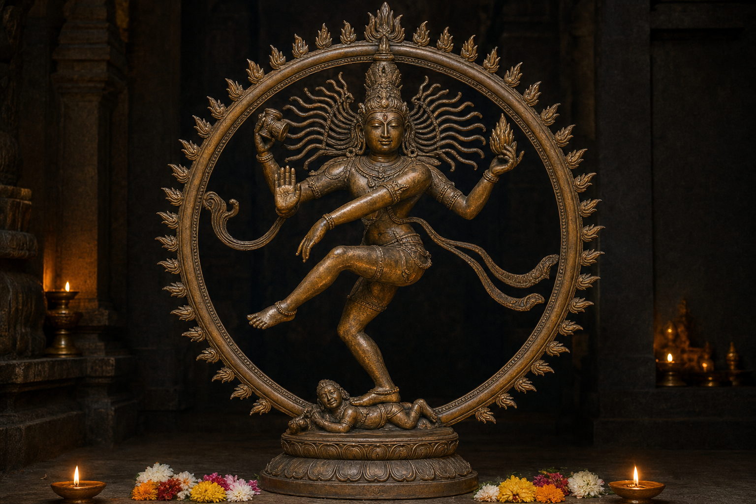 A bronze Nataraja dances within a ring of flames, with one hand raised in reassurance and one foot lifted.