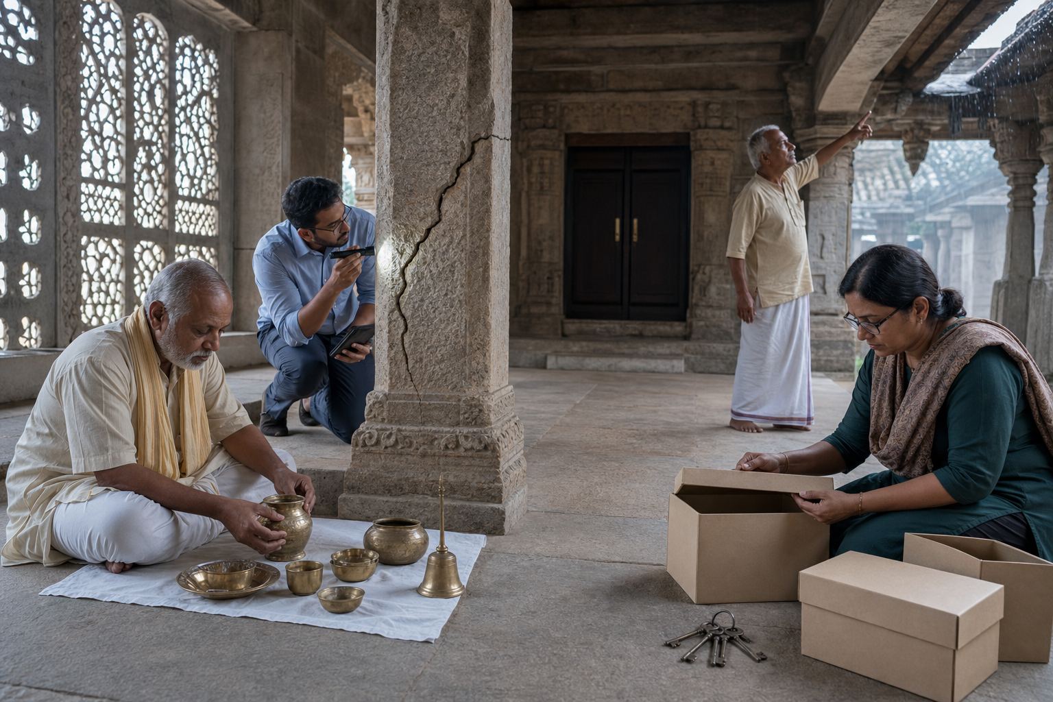 A priest, engineer, archivist, and community elder assess ritual objects, stonework, stored assets, and roof damage inside a closed temple.
