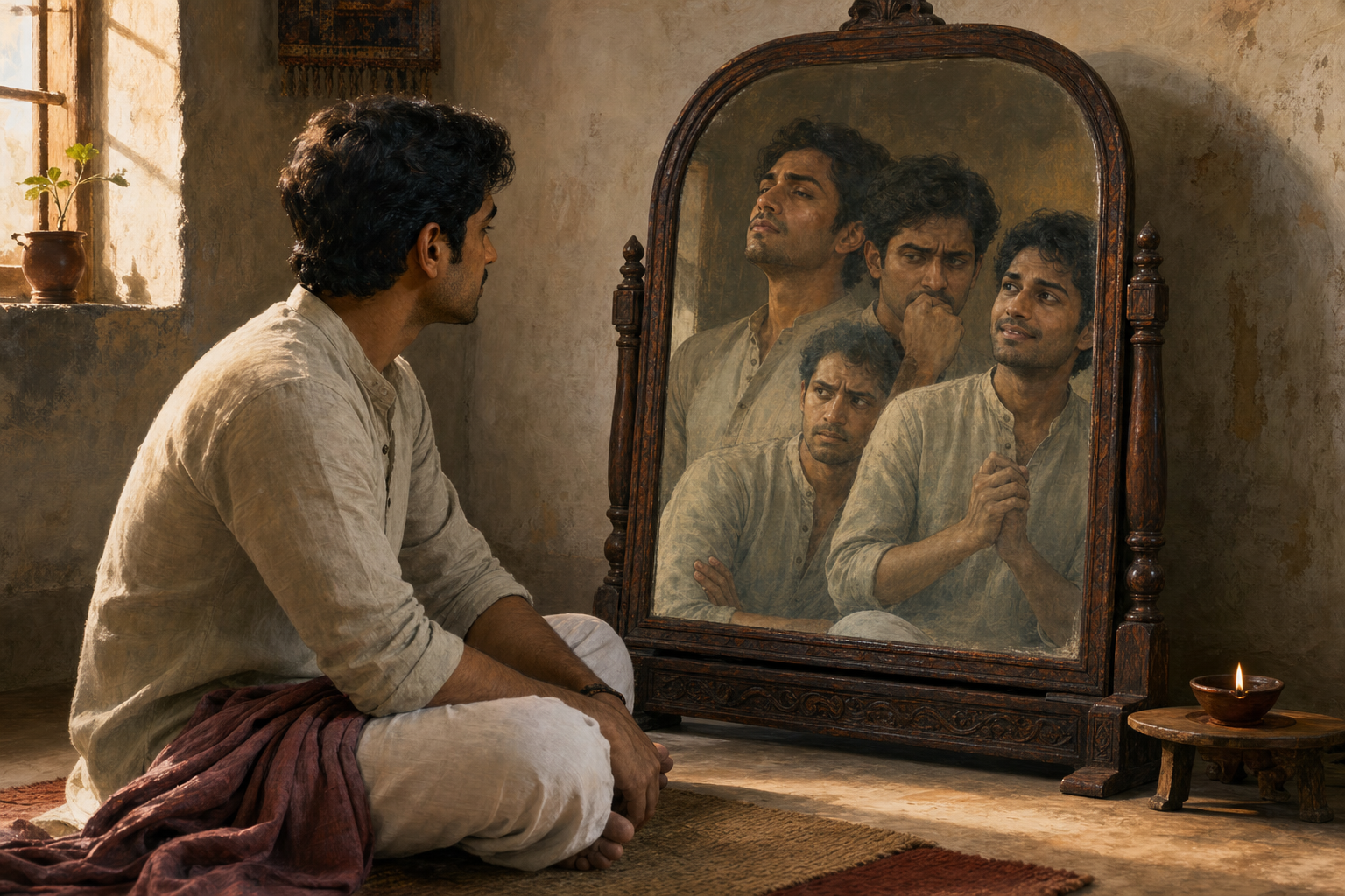 A seated Indian adult calmly observes several translucent emotional reflections in an antique mirror.