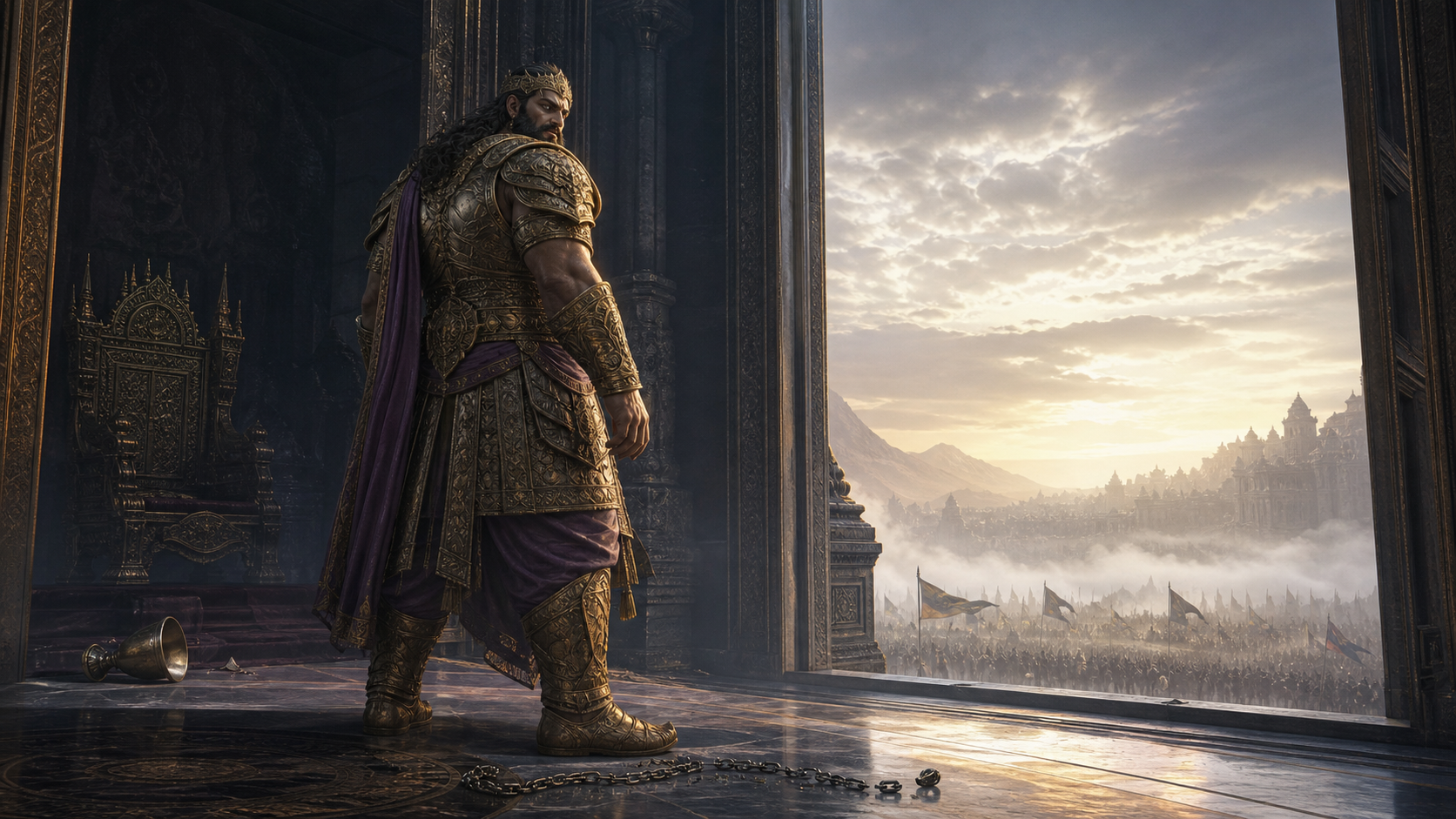 The armored giant Kumbhakarna pauses at a palace gate between a dark throne room and a misty battlefield, looking backward while an untouched broken chain lies near his foot.