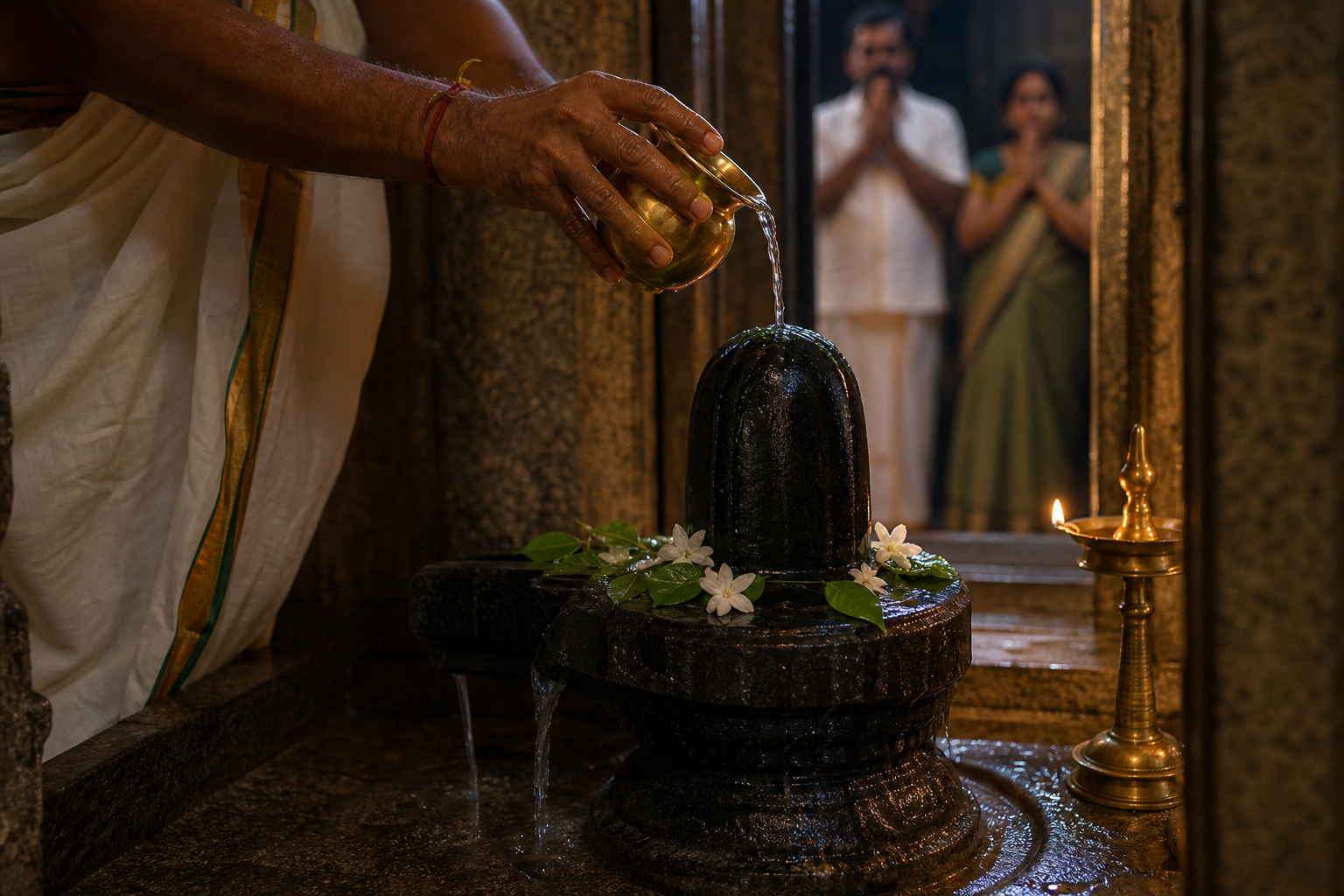 A priest pours water over a stone linga decorated with bilva leaves and flowers beside a burning oil lamp.