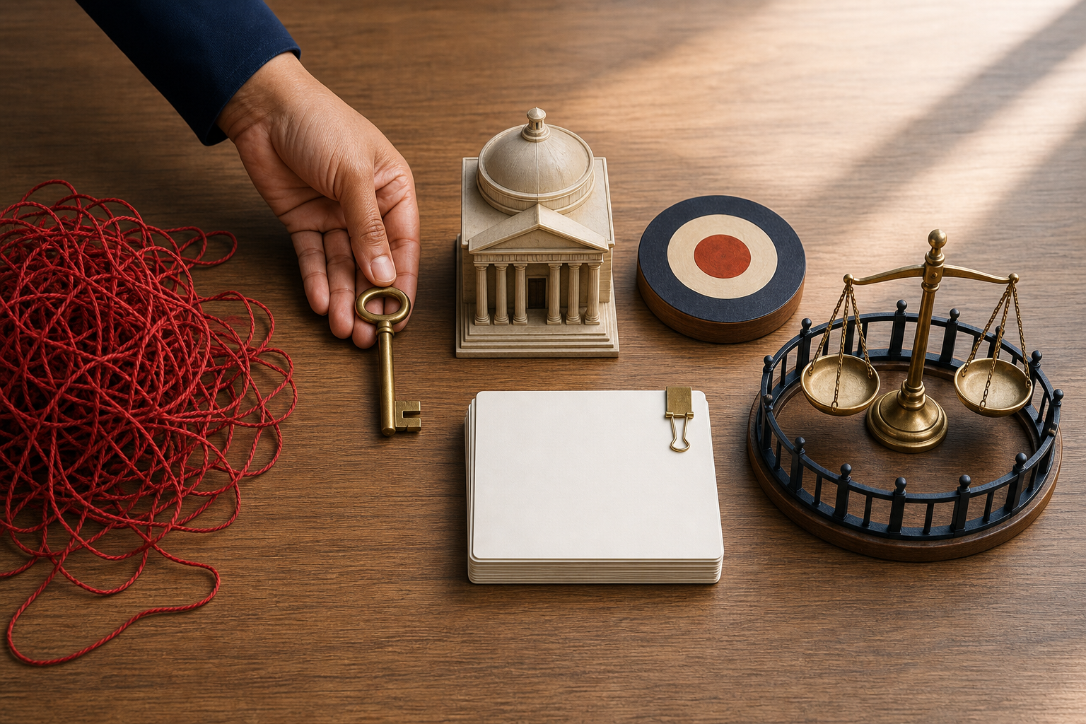 A desk arrangement moves from tangled red thread to a civic building model, evidence cards, a target marker, a key, and a protected balance scale.