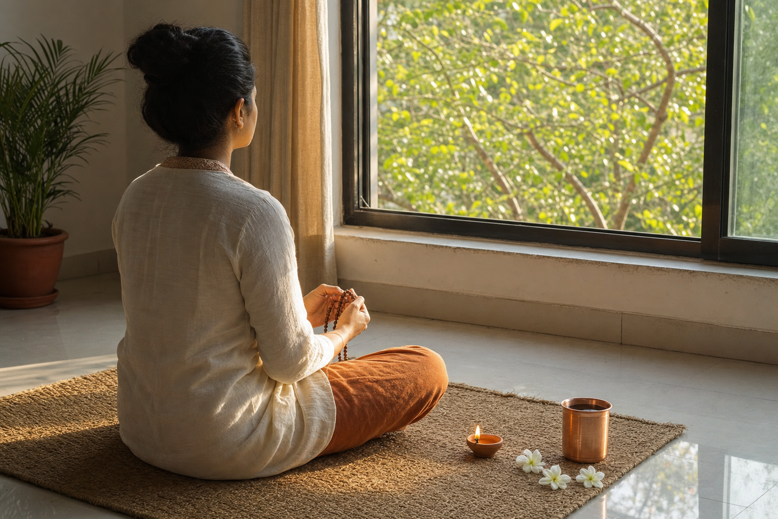 A devotee sits with prayer beads beside a small lamp, a copper cup of water, and white flowers in the morning light.