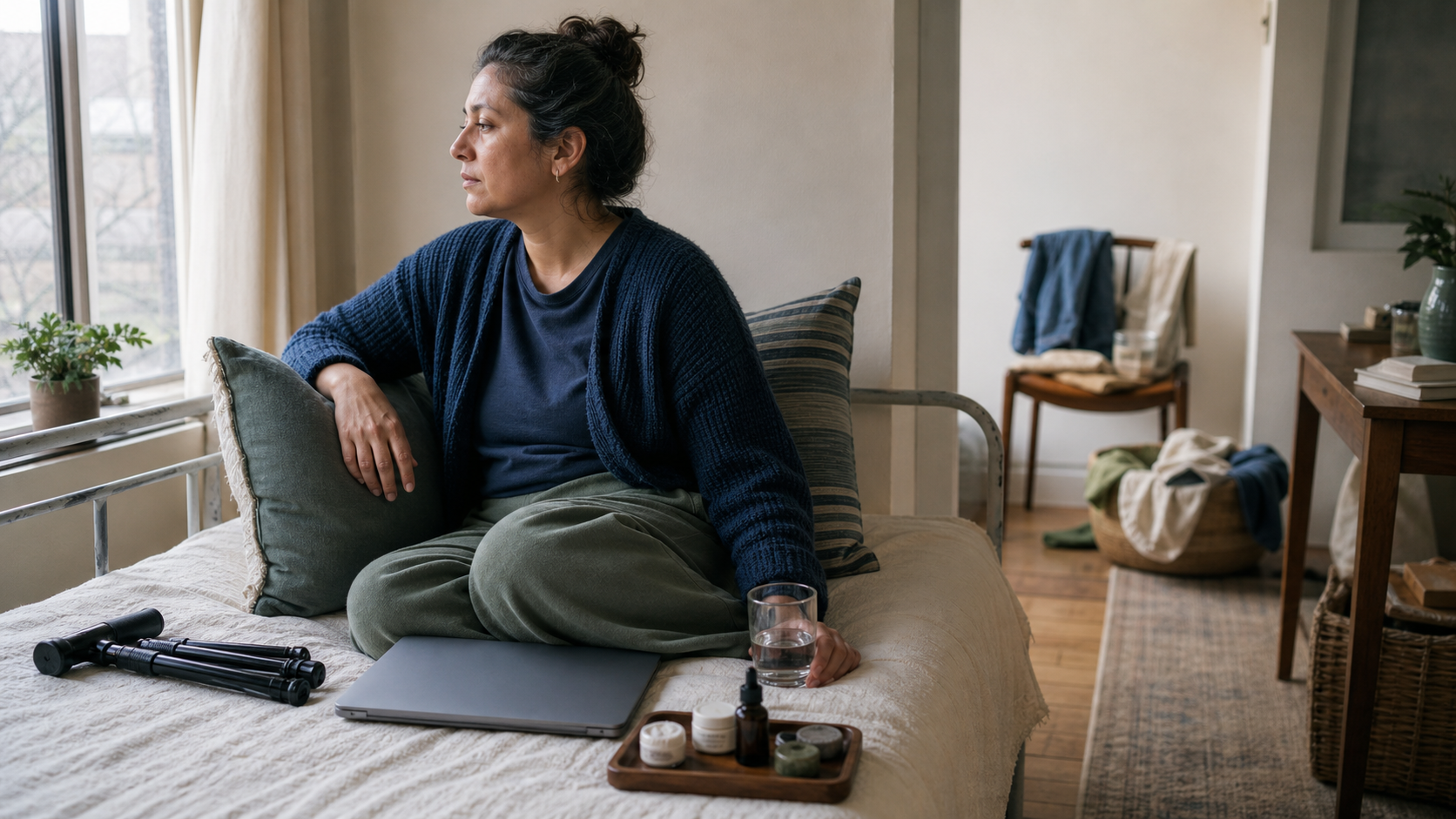 A tired adult sits thoughtfully on a daybed with water, a folded mobility cane, and care items nearby in a softly lit home.