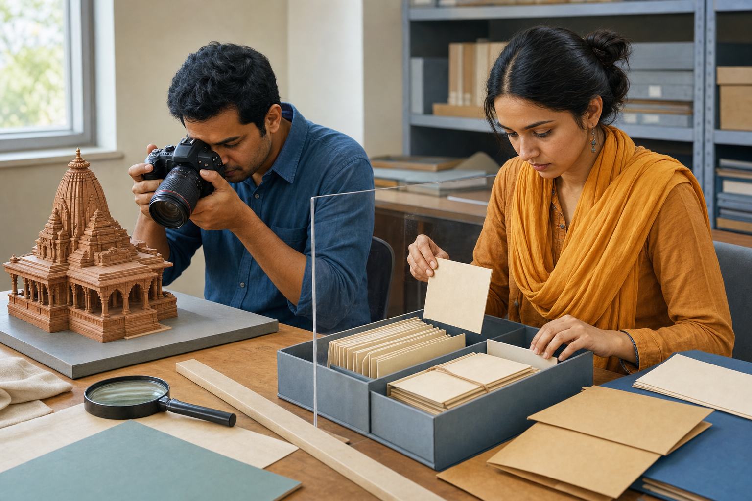 Two researchers organize photographs, blank source cards, folders, envelopes, and measurement tools into an archival evidence case.