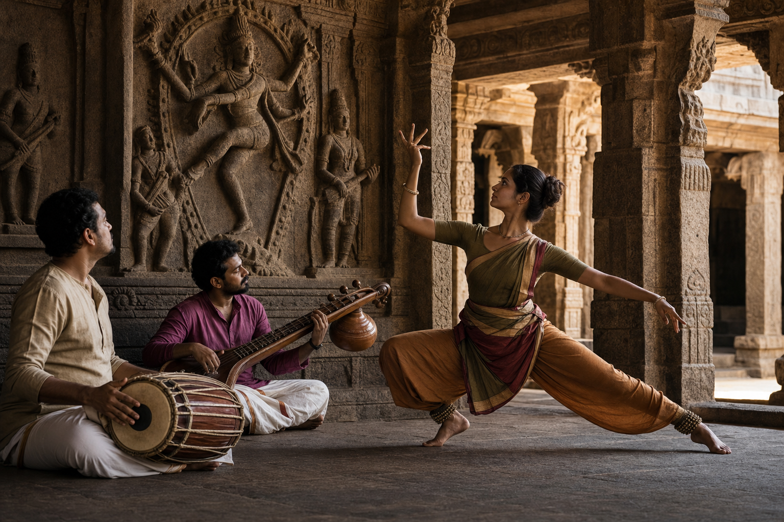A dancer and two musicians practice in a pillared temple hall beside stone carvings of dancing and music-making figures.