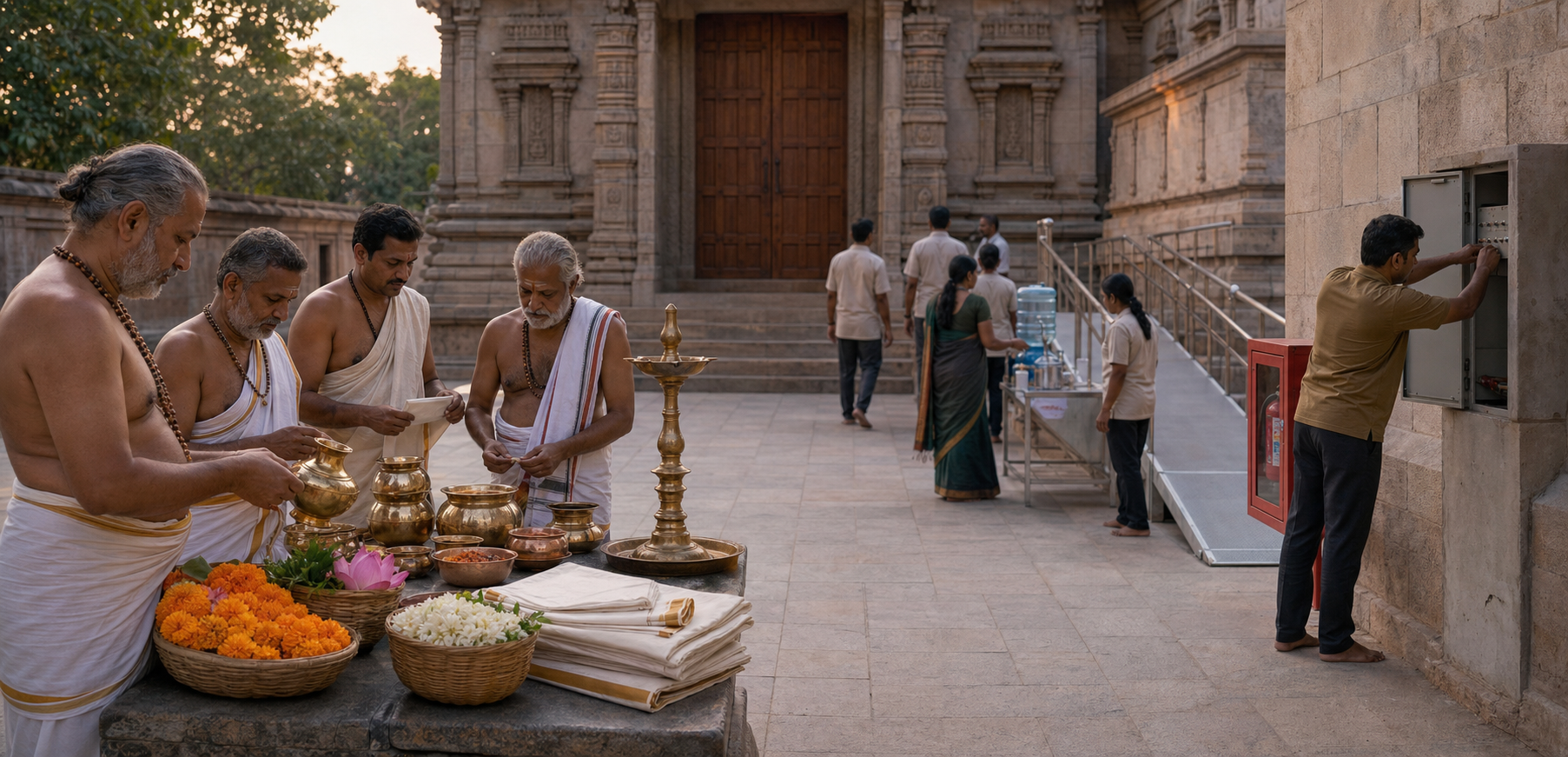 Priests inspect ceremonial materials while volunteers test visitor routes, accessibility, water, fire safety, and electrical systems in a restored temple courtyard.