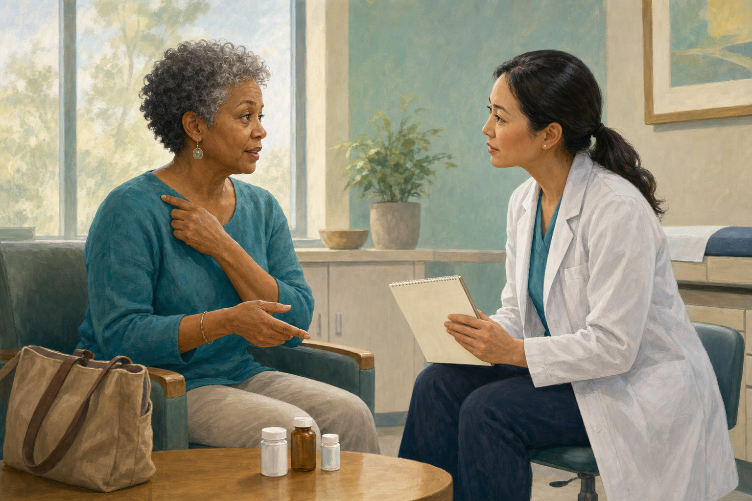A patient gestures while speaking with a healthcare professional who listens at eye level in an examination room.