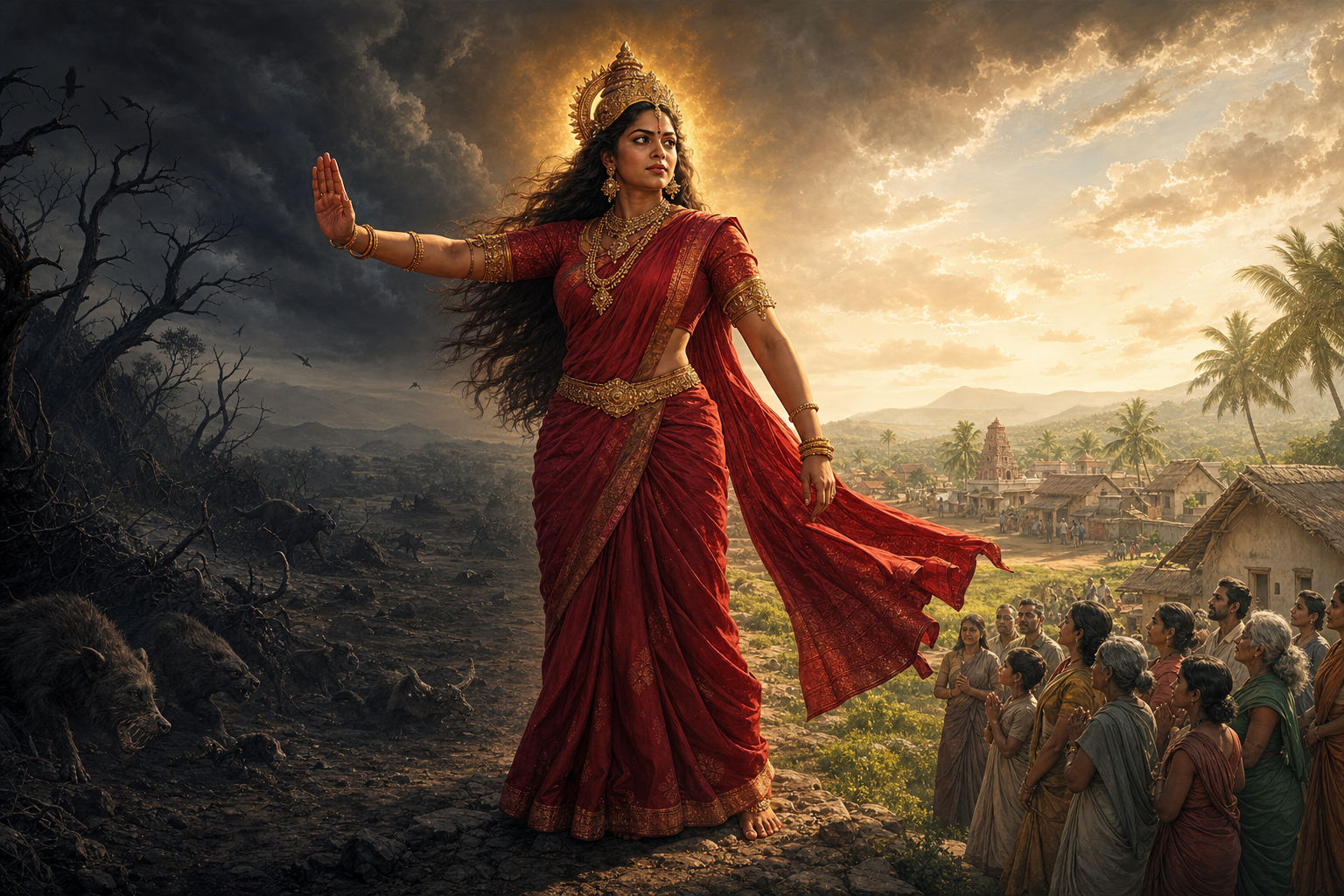 A fierce maternal form of Pidari Amman stands protectively between a dark landscape and a peaceful village.