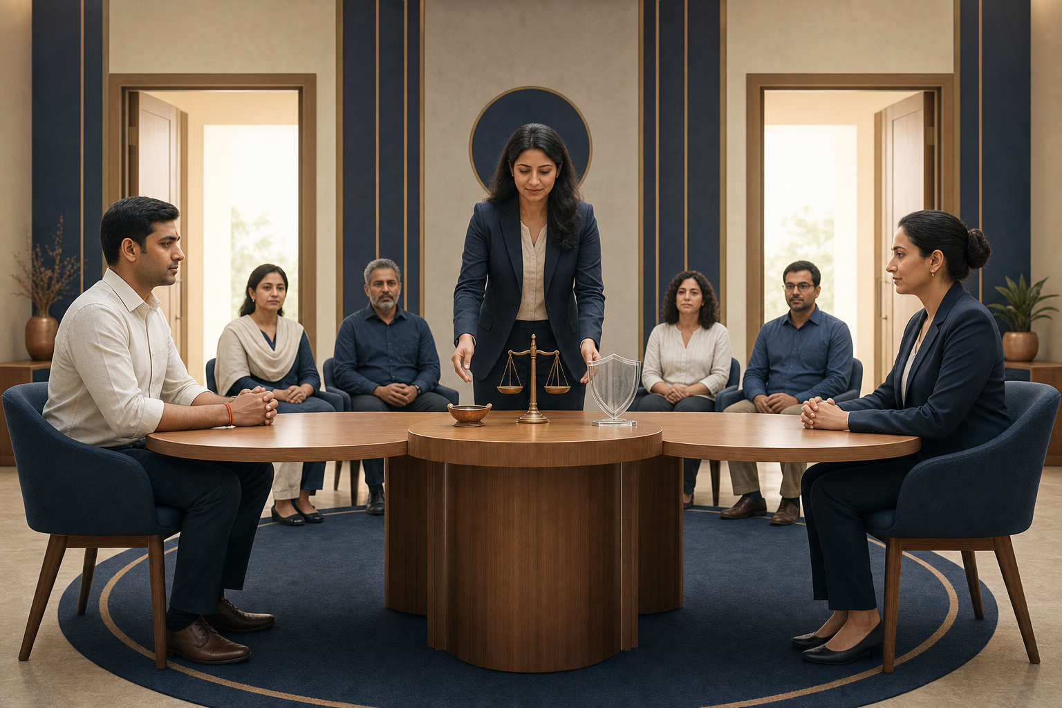 A Hindu employee, an advocate, and an impartial officer sit in a hearing room with a lamp, balance scale, and transparent shield between them.