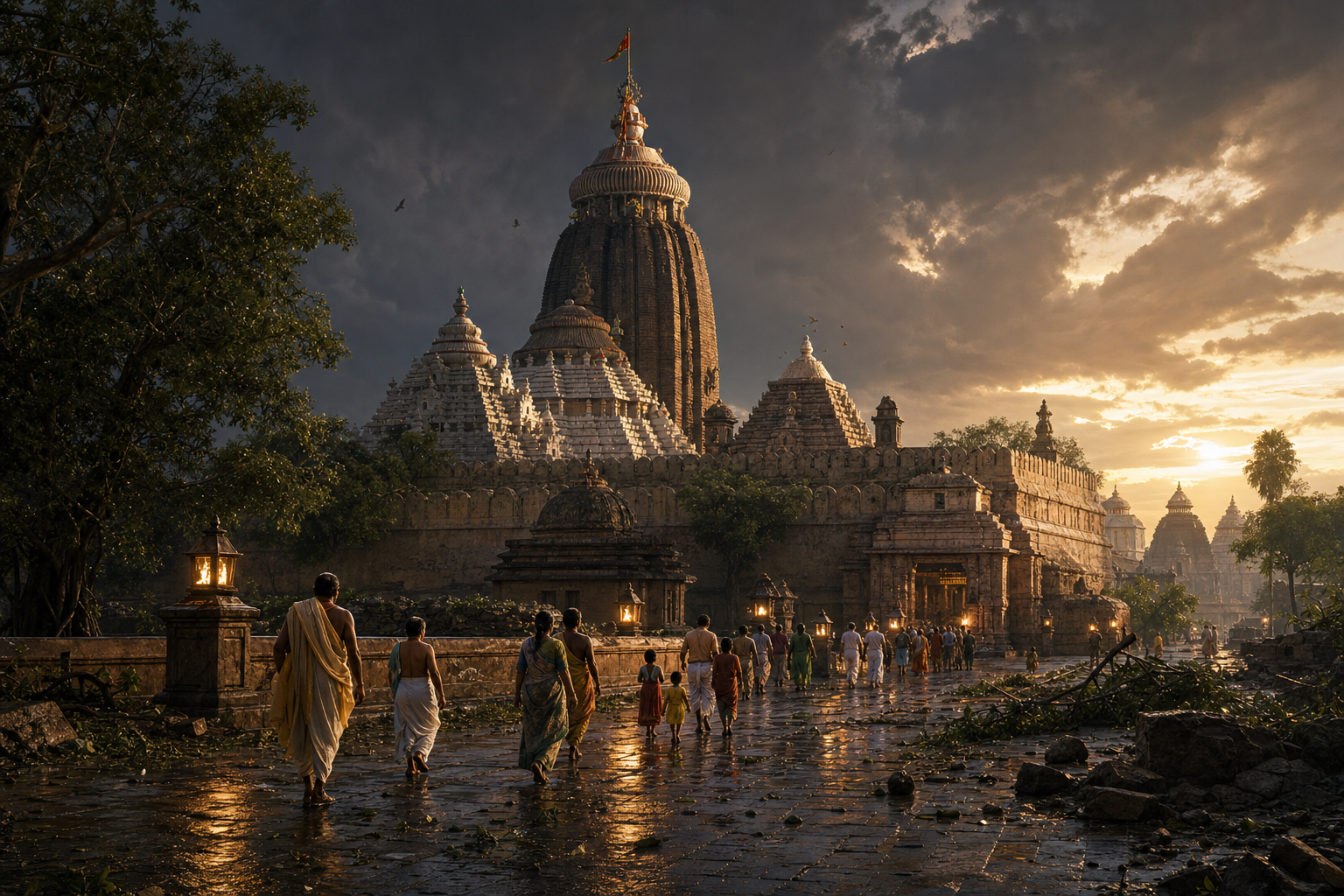 The Jagannath Temple rises above Puri at dawn as custodians, pilgrims, craftspeople, and families approach along a rain-wet ceremonial avenue.