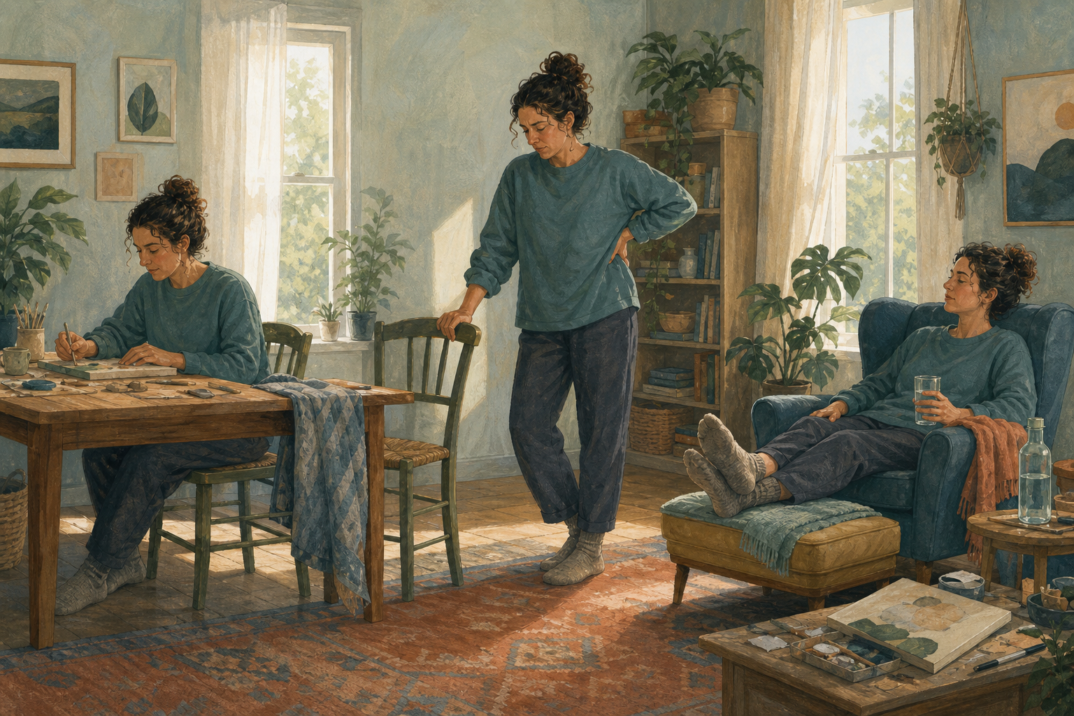 Three connected scenes show the same adult starting a household task, noticing fatigue, and choosing to rest before finishing it.