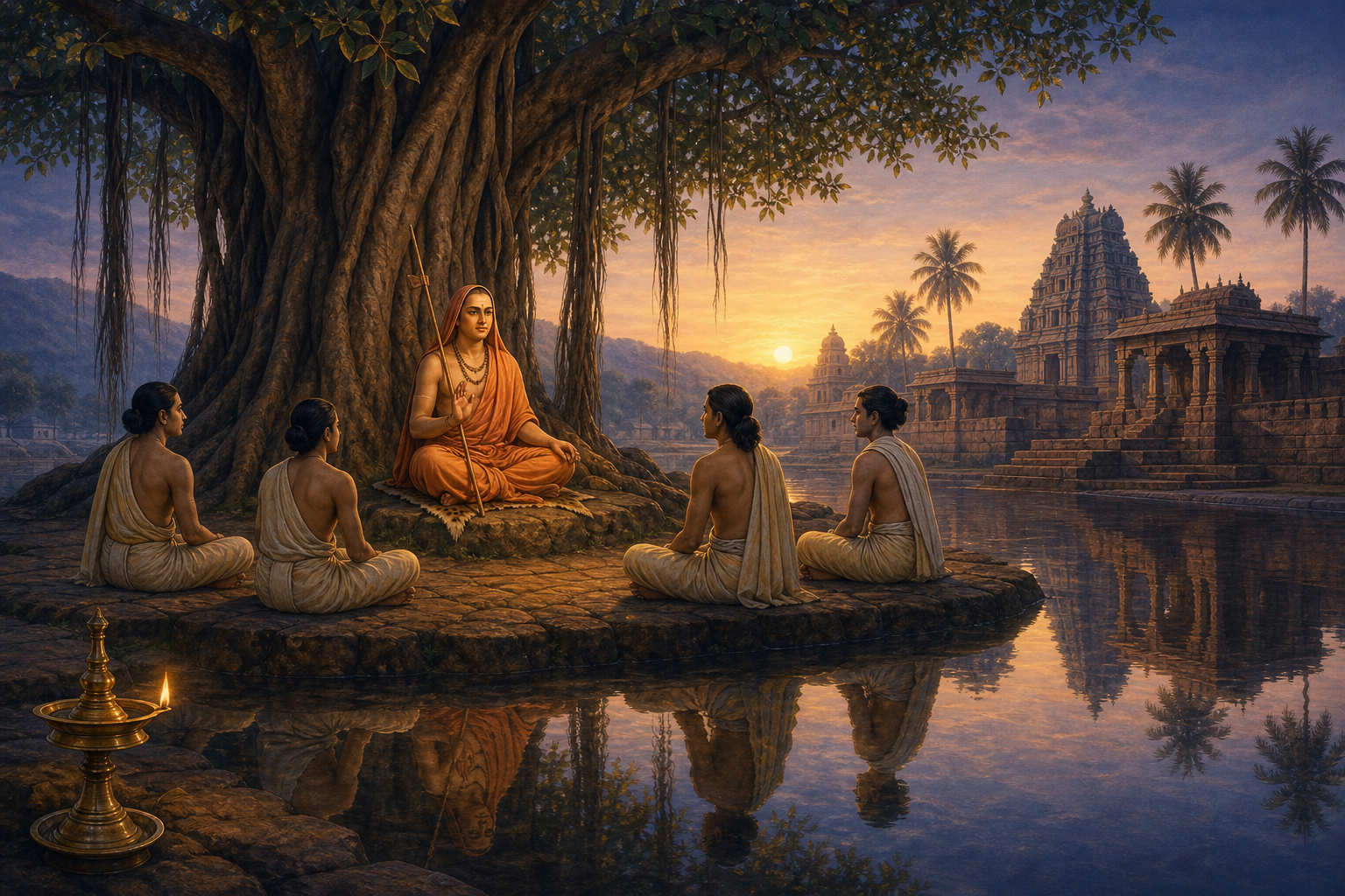 A young ochre-robed teacher sits beneath a banyan tree with four disciples, while a brass lamp glows beside a still river at dawn.