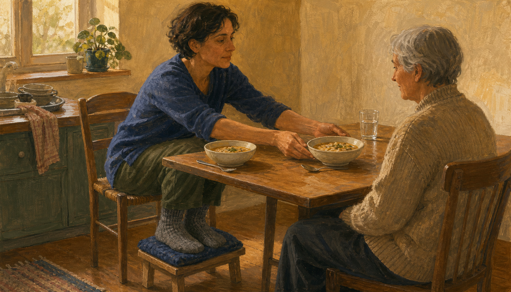 A seated adult serves a simple meal to a family member or housemate while supporting their own feet on a stool.