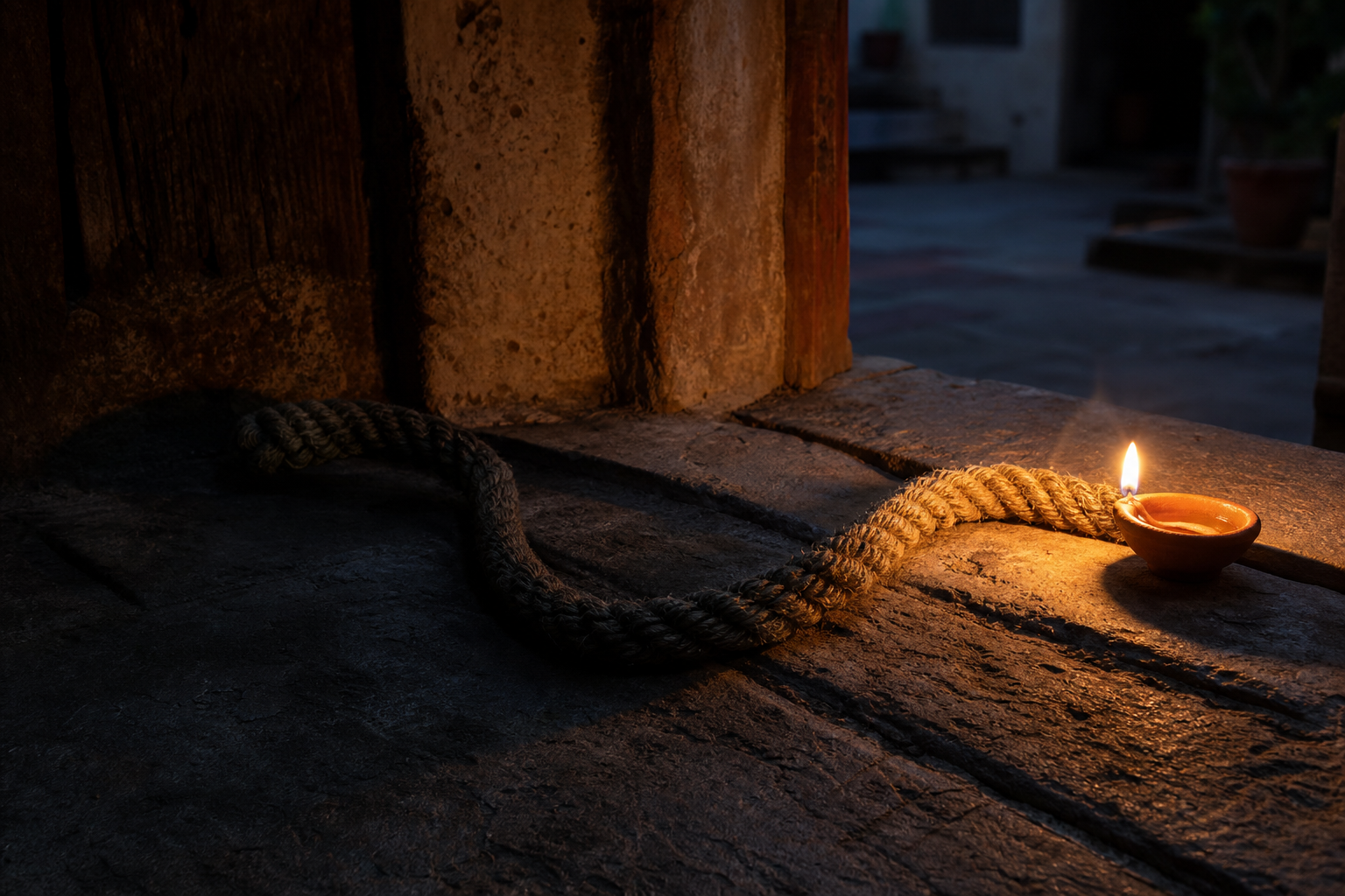 A coiled rope on a stone courtyard threshold resembles a snake in shadow but is revealed by the light of a clay lamp.