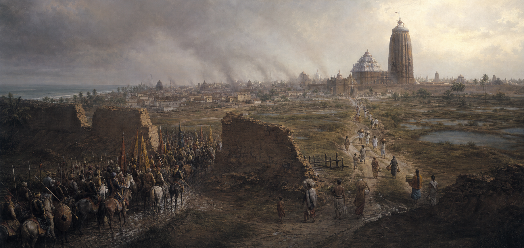 A sixteenth-century military column advances toward Puri while residents and temple servants move toward the distant Jagannath Temple.