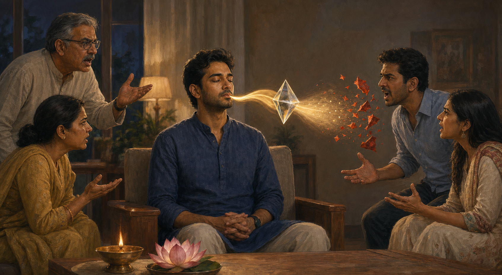 A calm person pauses during a tense family conversation as a golden ribbon of breath passes through a crystal-like prism and jagged red fragments dissolve nearby.