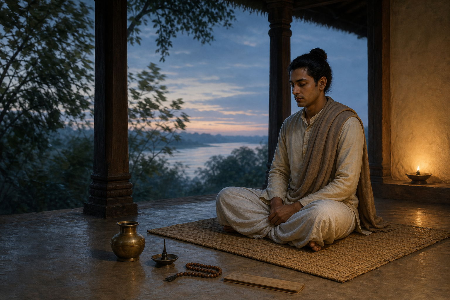 An Indian spiritual aspirant sits quietly on a woven mat beside a brass vessel and closed palm-leaf manuscript before sunrise.