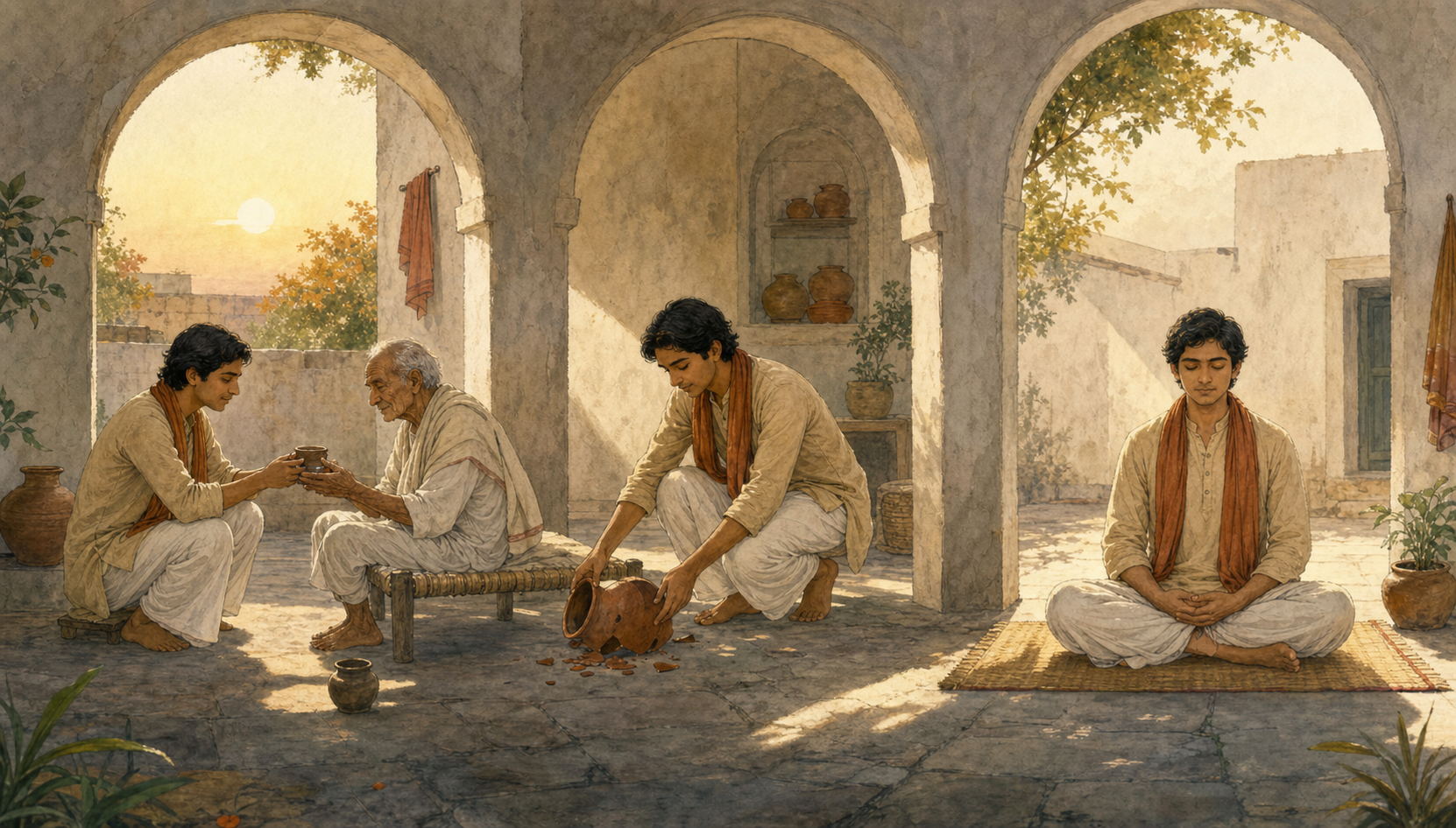 A practitioner in a sunlit courtyard calmly helps an older person, handles a fallen clay vessel, and returns to seated reflection.