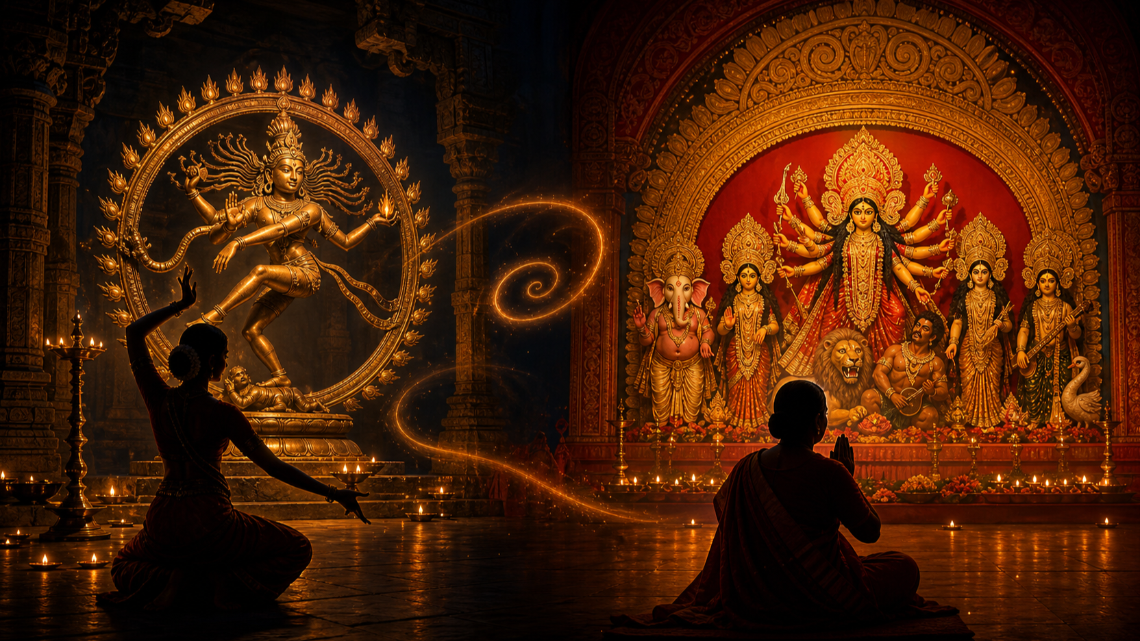 A bronze Nataraja in a ring of fire and a glowing Bengali Durga Puja tableau occupy two connected sacred settings as a dancer and a devotee look on.