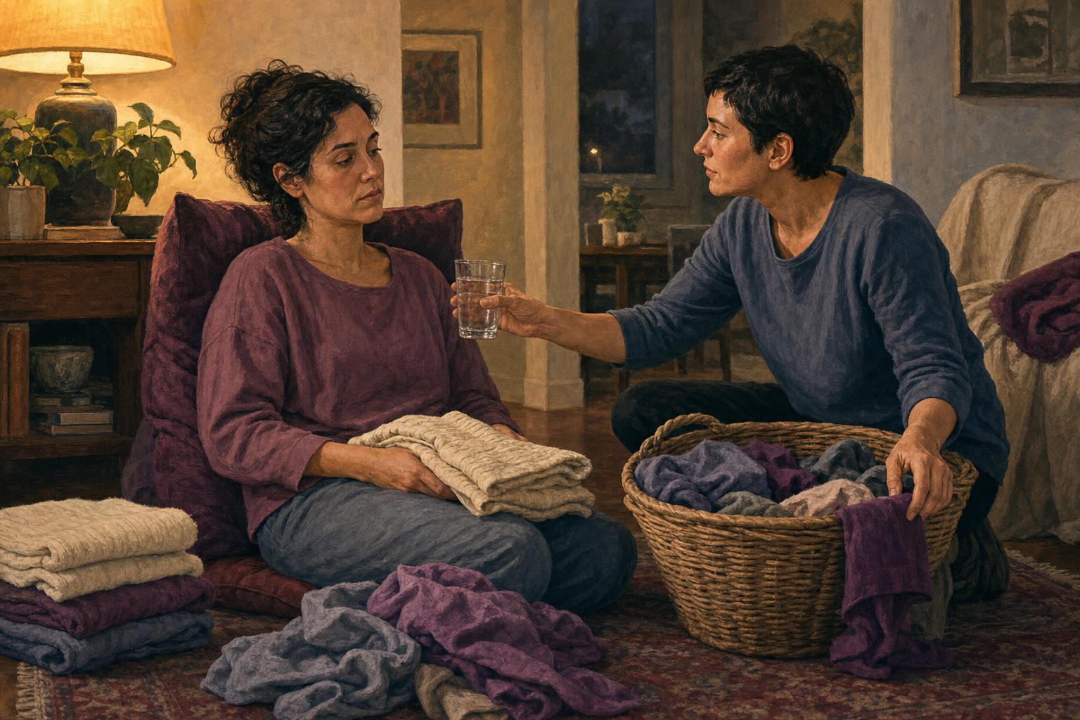 A fatigued adult rests beside a partly folded laundry basket while a friend offers water and takes over the task.