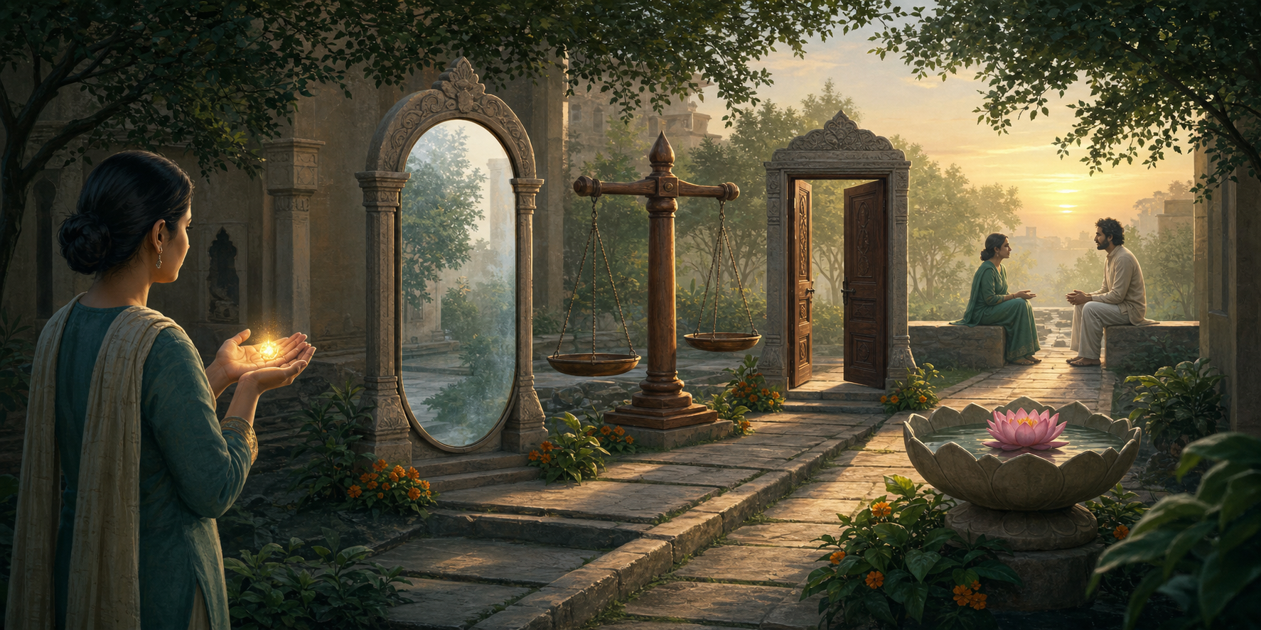 A person carries a glowing seed along a courtyard path through a mirror, balanced scales, a doorway, and a lotus bowl before meeting another person.