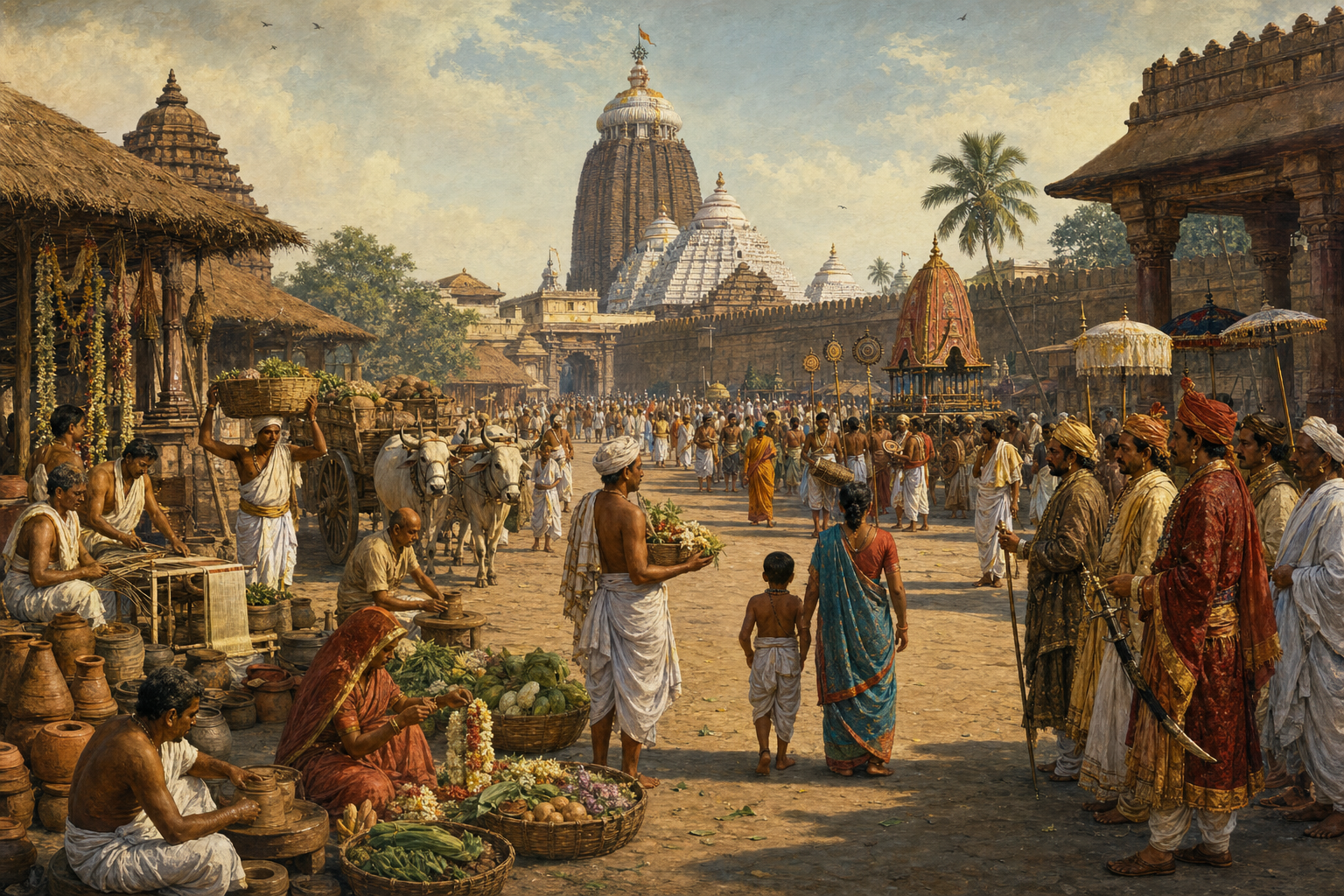 Pilgrims, temple servitors, cooks, farmers, artisans, traders, and royal attendants gather outside the Jagannath Temple in premodern Puri.