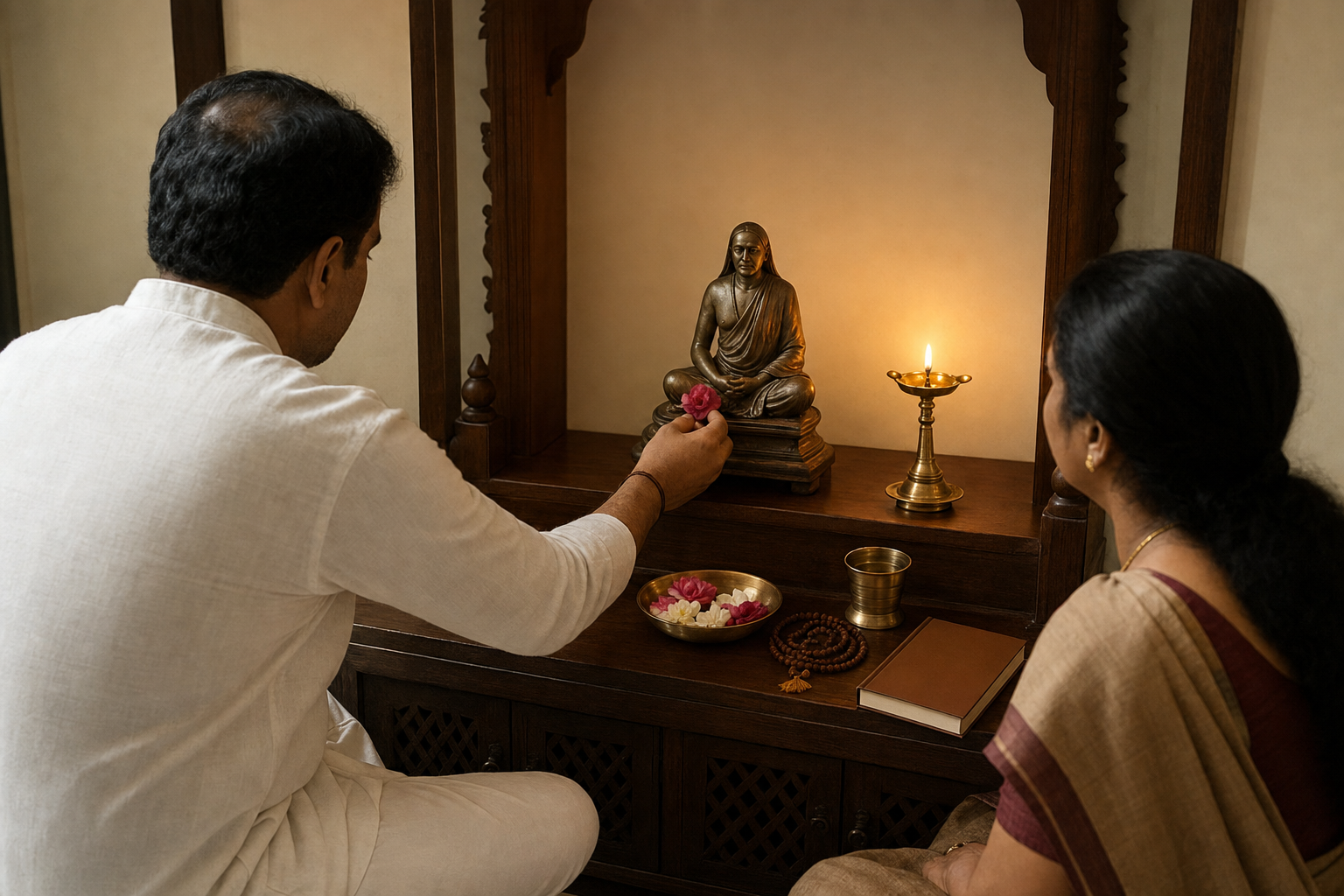 Two people observe a simple home ritual with a brass lamp, flowers, prayer beads, a closed book, and a small bronze teacher figure.
