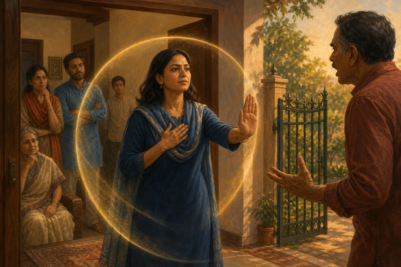 A woman calmly raises one hand to set a boundary with an angry relative while a soft golden arc surrounds her in an open doorway.