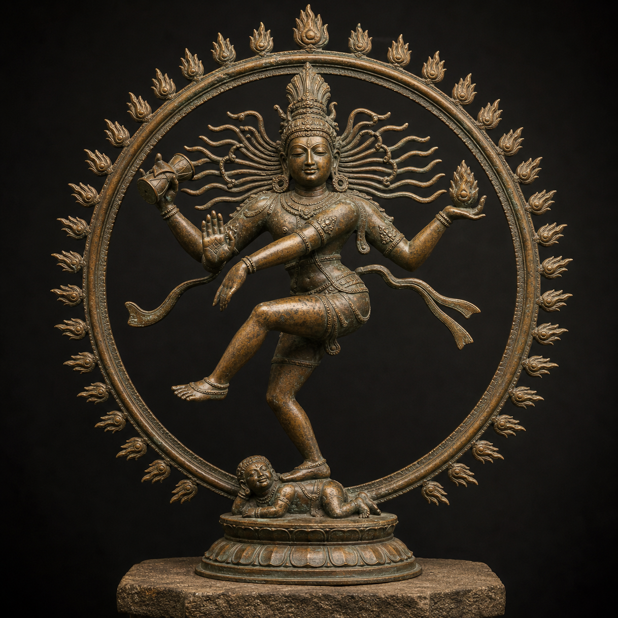 A four-armed bronze Nataraja dances within a ring of flames, holding a drum and fire while one hand reassures and another points toward the raised foot.