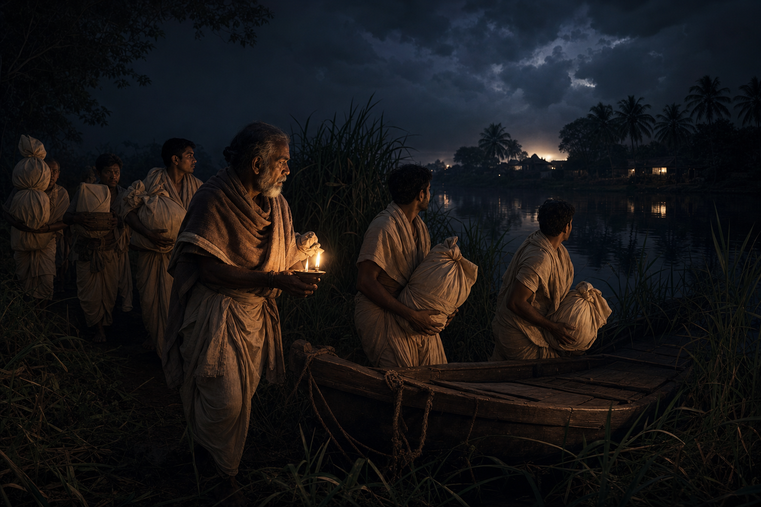 Temple custodians carry wrapped sacred objects toward a concealed wooden boat on an Odisha riverbank at night.