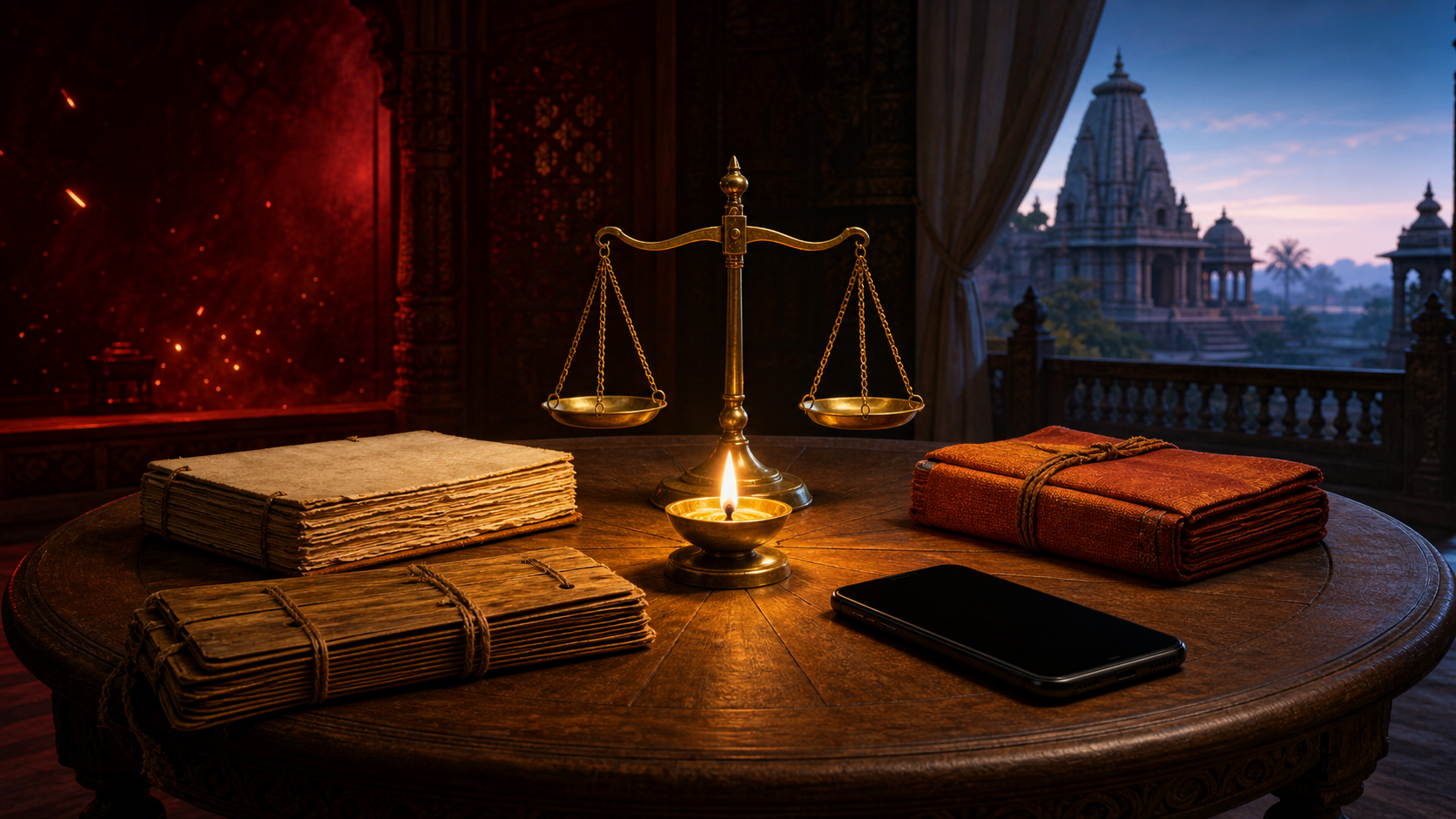 Palm-leaf folios, a bound manuscript, a blank smartphone, an oil lamp, and balanced bronze scales arranged on a circular table.