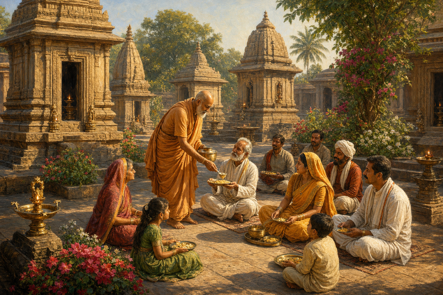 An ochre-robed teacher serves food to householders, elders, and children gathered among separate shrines and lamps in a sunlit temple courtyard.