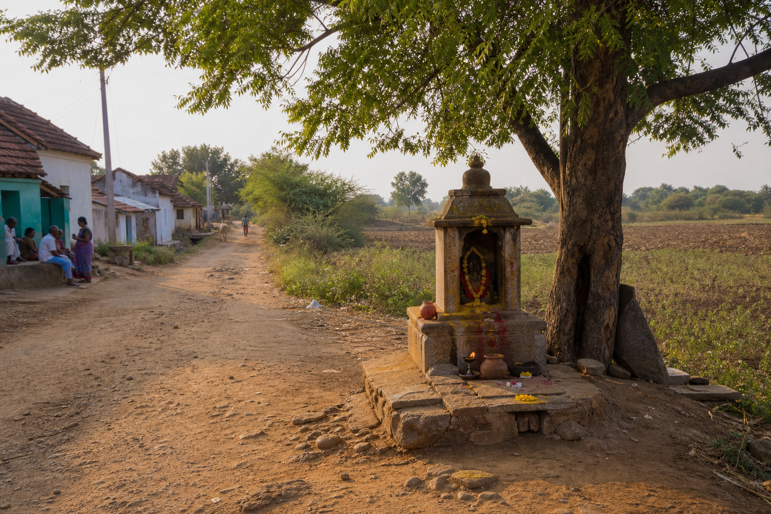 A small guardian shrine stands beneath a neem tree where a Tamil village road meets fields and scrubland.