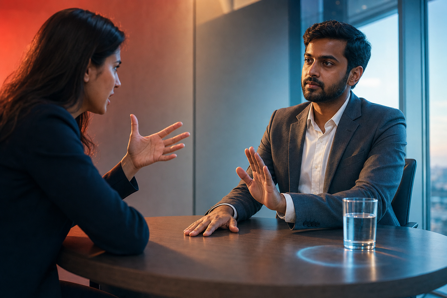 During a tense meeting, one professional pauses with a hand on the table and an open palm while an agitated colleague gestures across from them.
