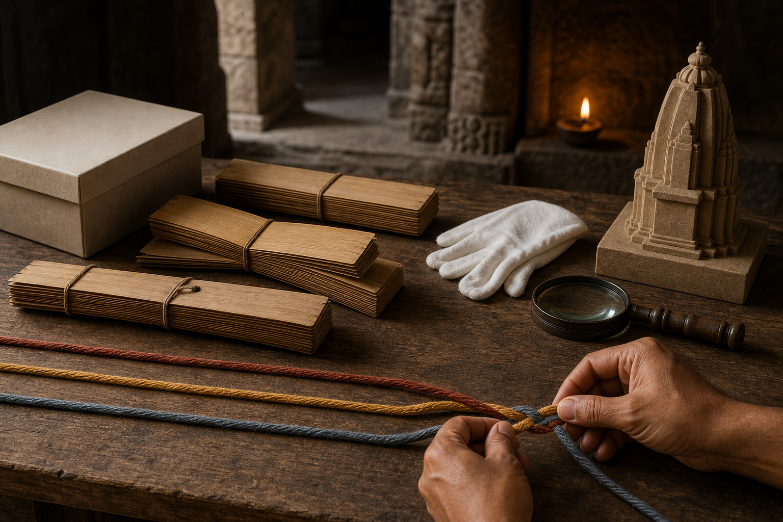 A researcher braids three colored threads beside palm-leaf manuscript bundles, an archival box, a magnifying lens, and a small temple model.