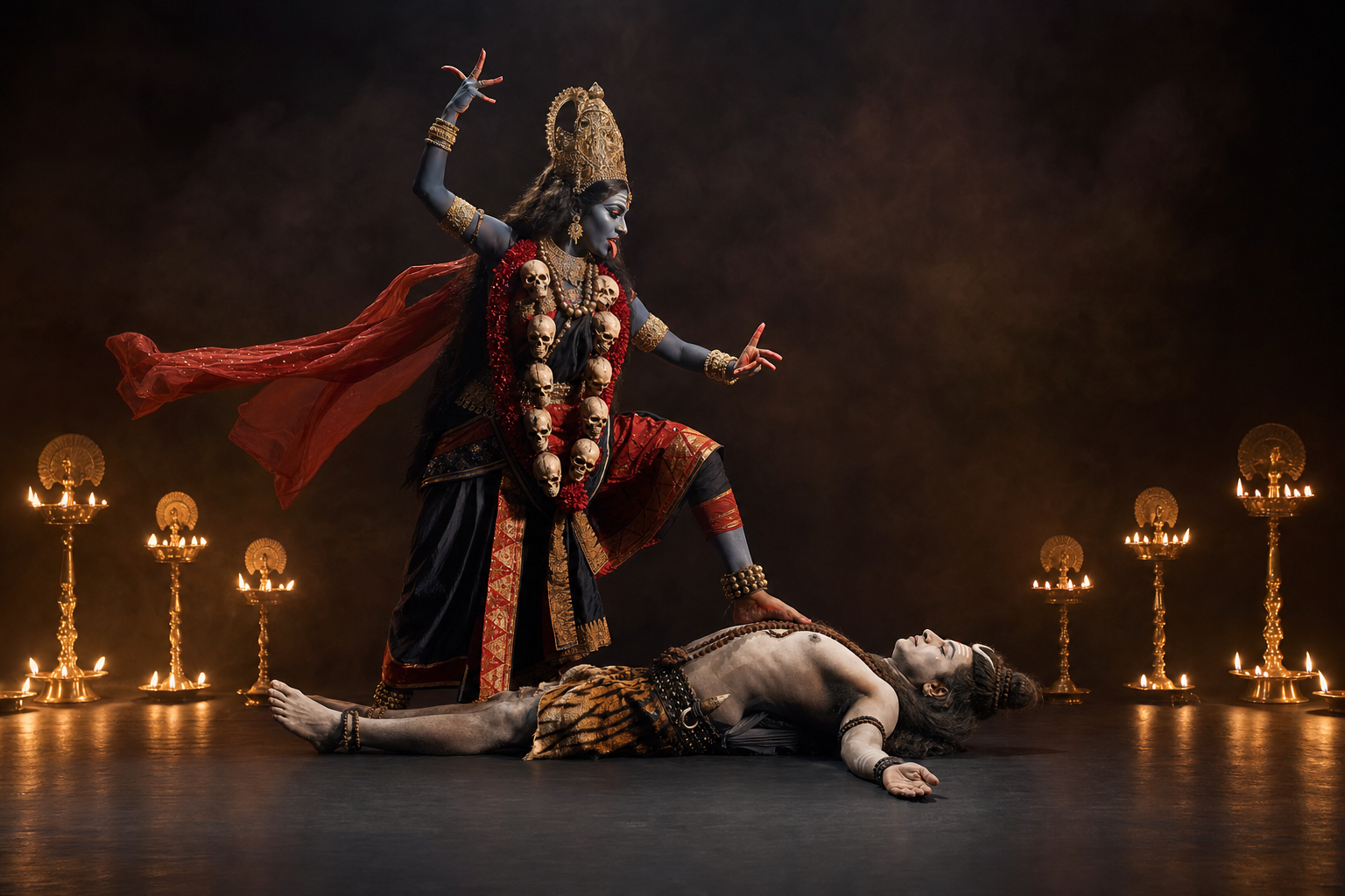 Two classical Indian dancers enact a Kali-and-Shiva tableau, with the Kali figure poised dynamically above the calm, reclining Shiva figure.