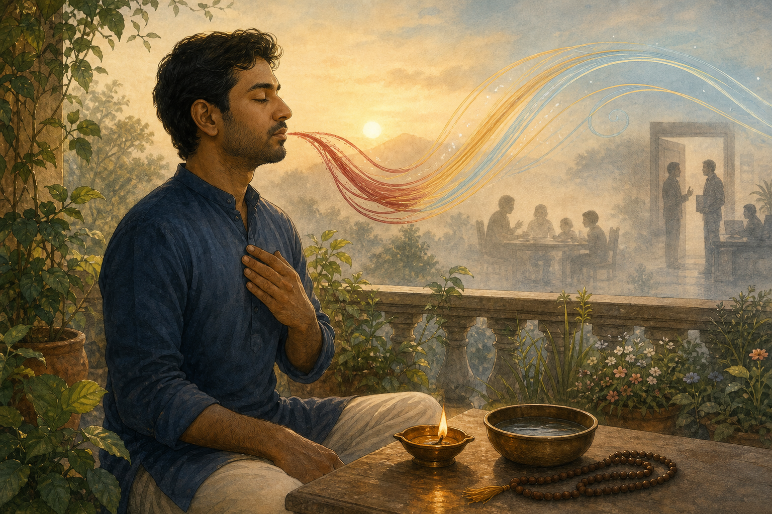 A person practices mindful breathing on a sunrise balcony as rough red ribbons soften into smooth gold and blue curves in the morning light.
