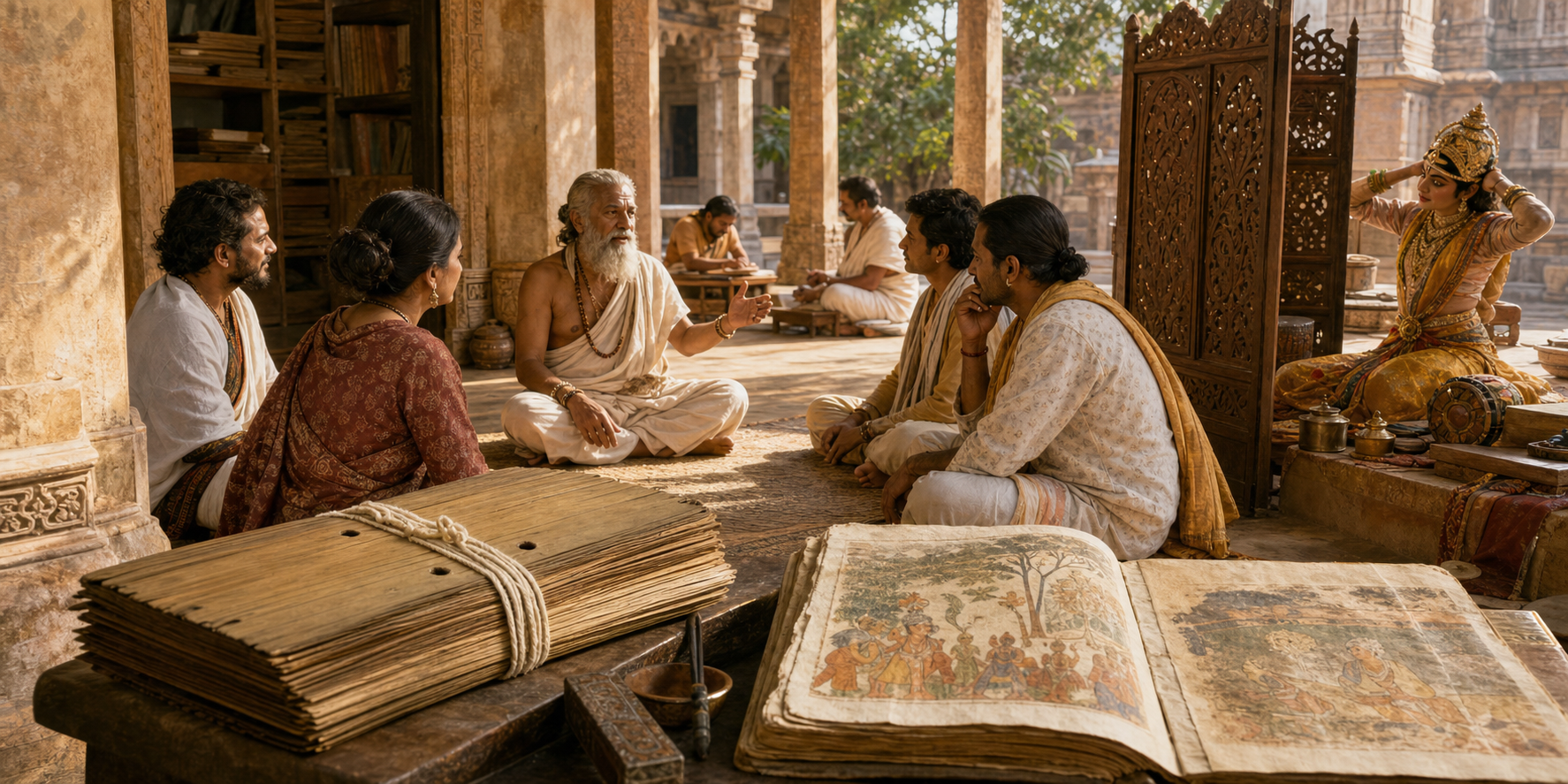 A library courtyard with palm-leaf folios, a paper manuscript, an elder storyteller and listeners, and a performer near a carved screen.