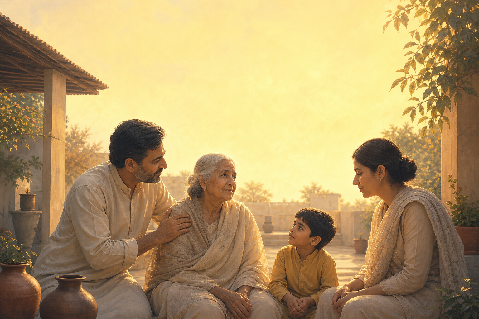 A multigenerational family stands together in a dawn-lit courtyard while one adult supports an elderly relative and soft golden light surrounds them.