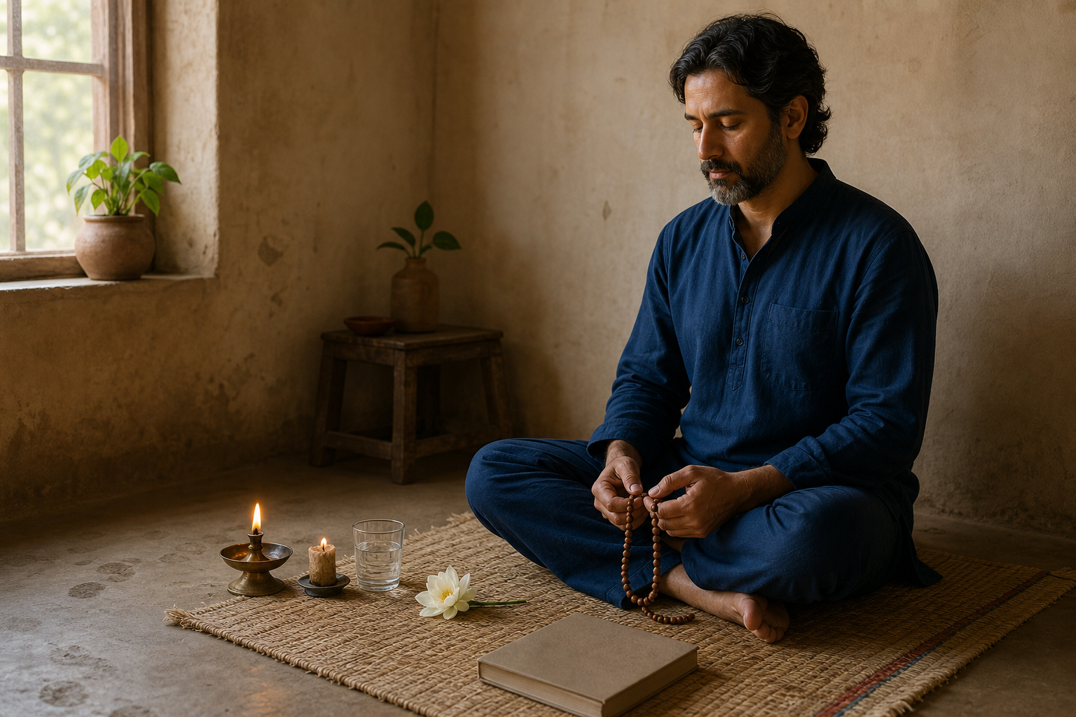 A practitioner sits on a woven mat holding wooden prayer beads beside an oil lamp, a closed book, water, and a flower in a simple morning prayer space.