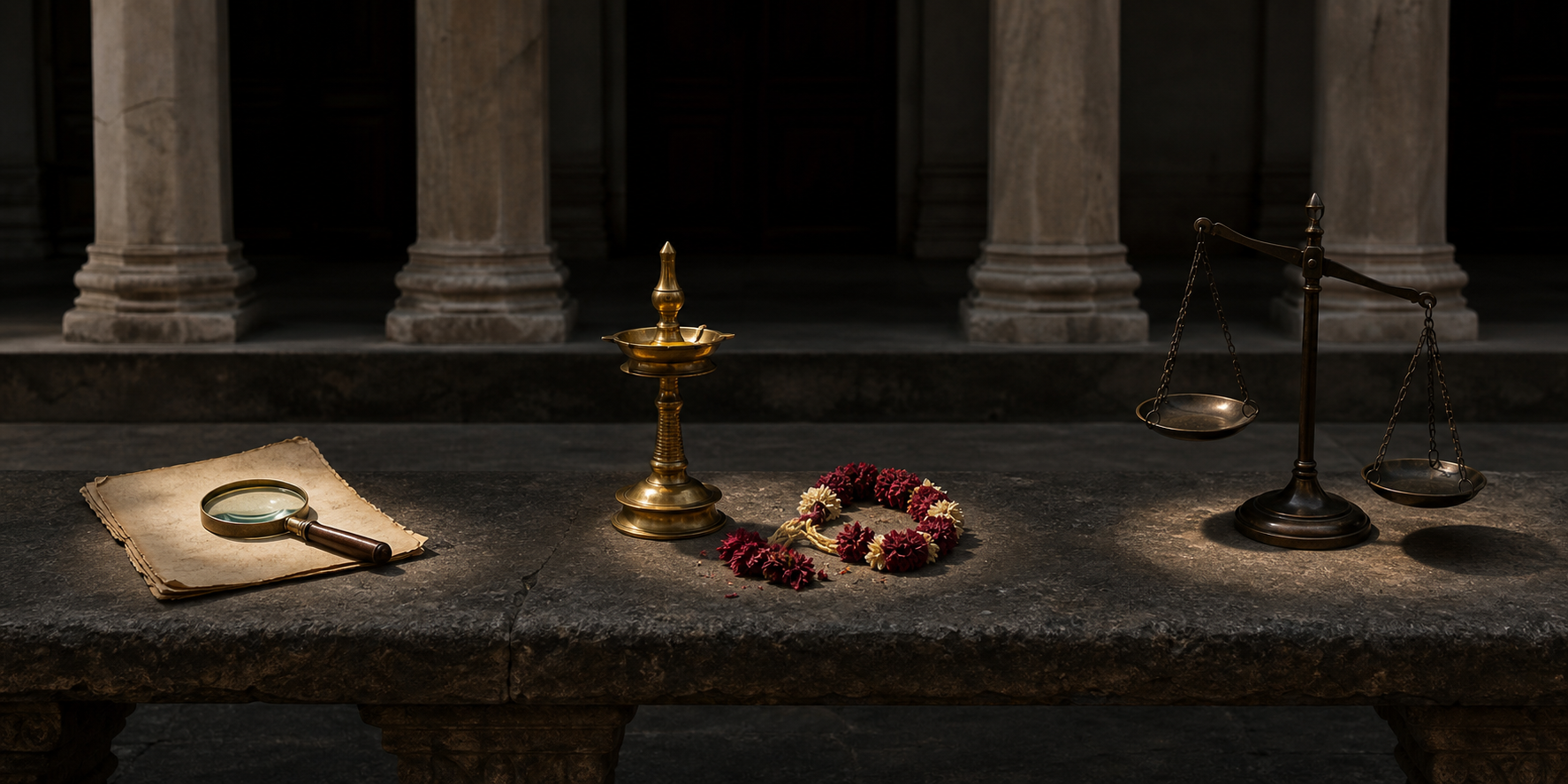 A manuscript under a magnifying lens, a broken flower garland beside a brass lamp, and bronze justice scales sit separately on a stone bench.