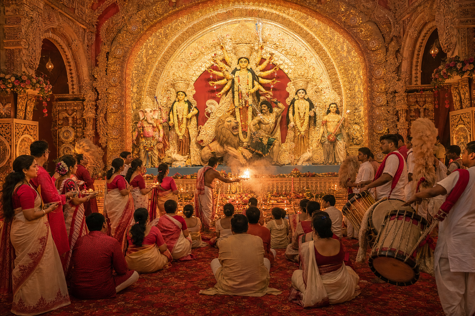 Devotees, a priest, and dhak drummers gather before a traditional Durga family tableau in a warmly illuminated Bengali Puja mandapa.