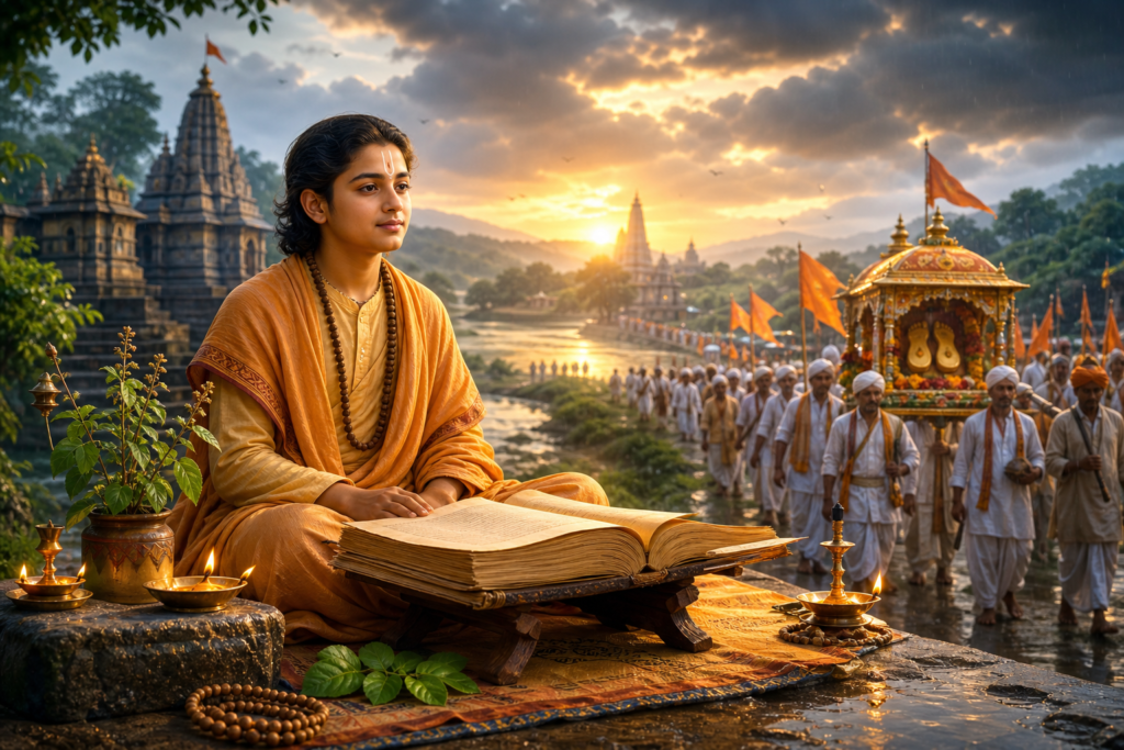 Sant Dnyaneshwar Jayanti 2026 artwork with young saint, Dnyaneshwari manuscript, lamps, and Varkari pilgrimage