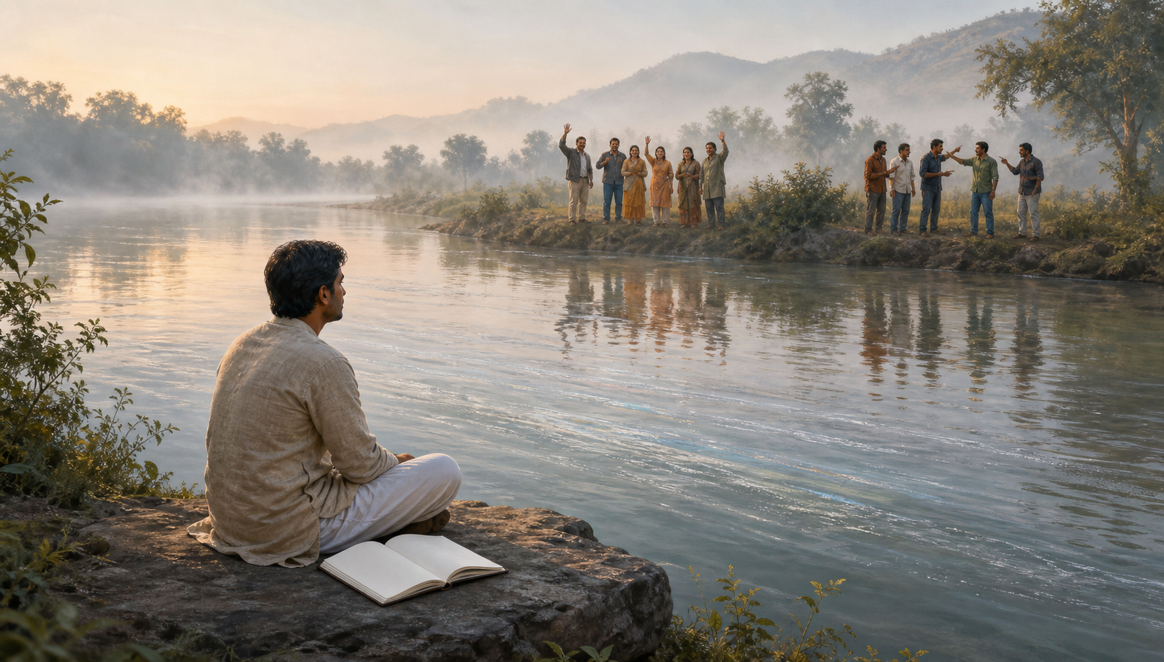 A person sits calmly beside a misty river as gestures of praise and disagreement from distant people merge into the same ripples.