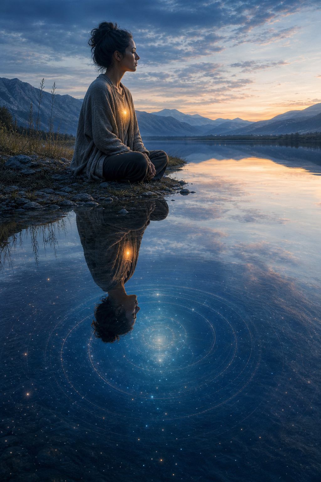 A person sits beside a still river while the reflection below opens into a star-filled field of light.