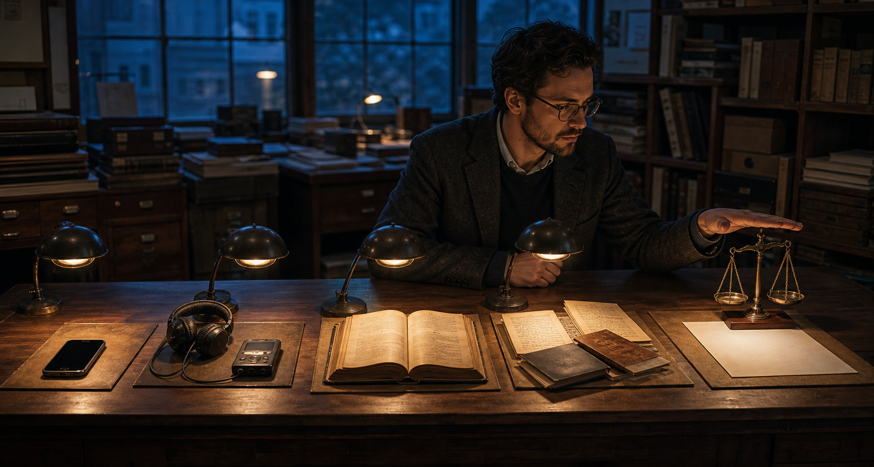 A researcher examines a blank smartphone, audio equipment, source books, comparison manuscripts, and balanced scales across a five-part desk arrangement.