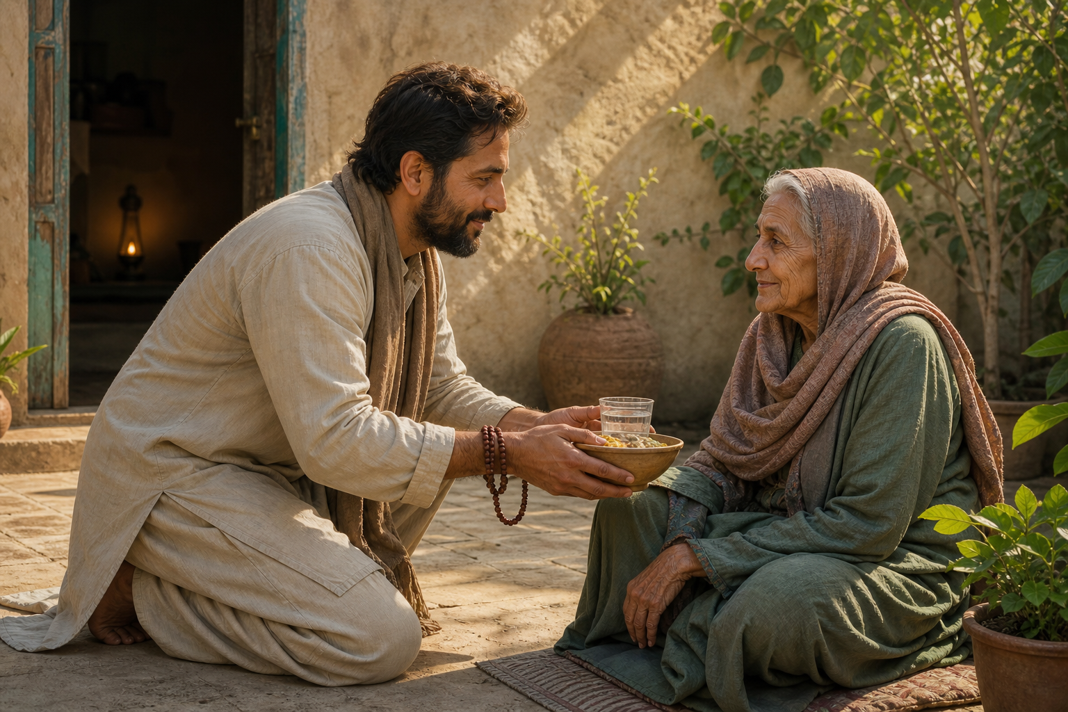 A person wearing prayer beads kneels in a courtyard to offer food and water to an elderly neighbor, with a small oil lamp visible through an open doorway.
