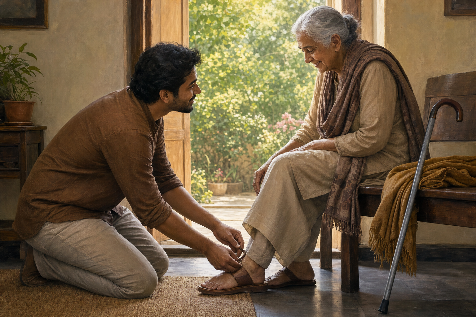 An adult kneels to fasten an elderly family member's sandal in a sunlit home as they prepare to go outside.