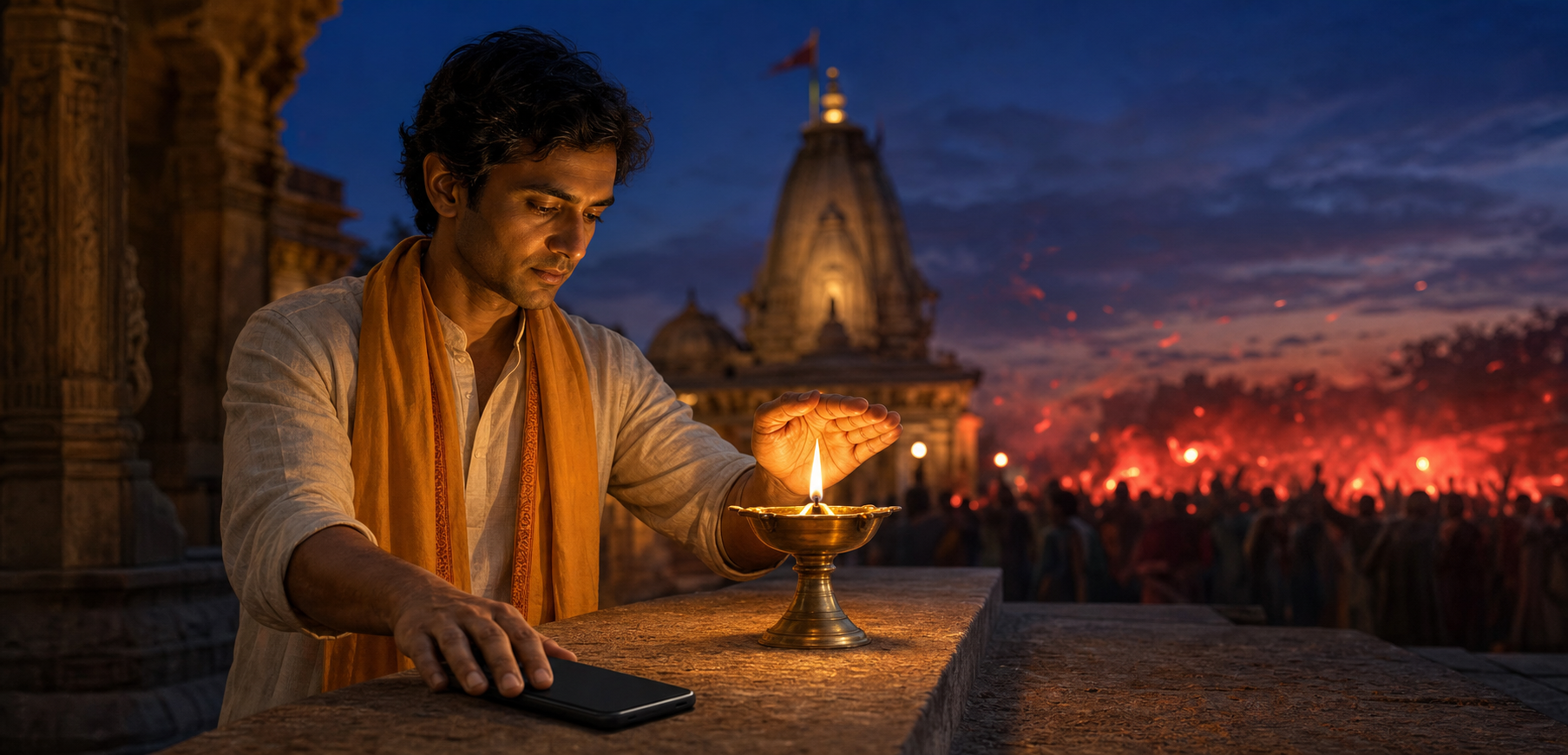 A calm person places a blank smartphone face down and protects an oil lamp while an agitated crowd remains blurred in the background.